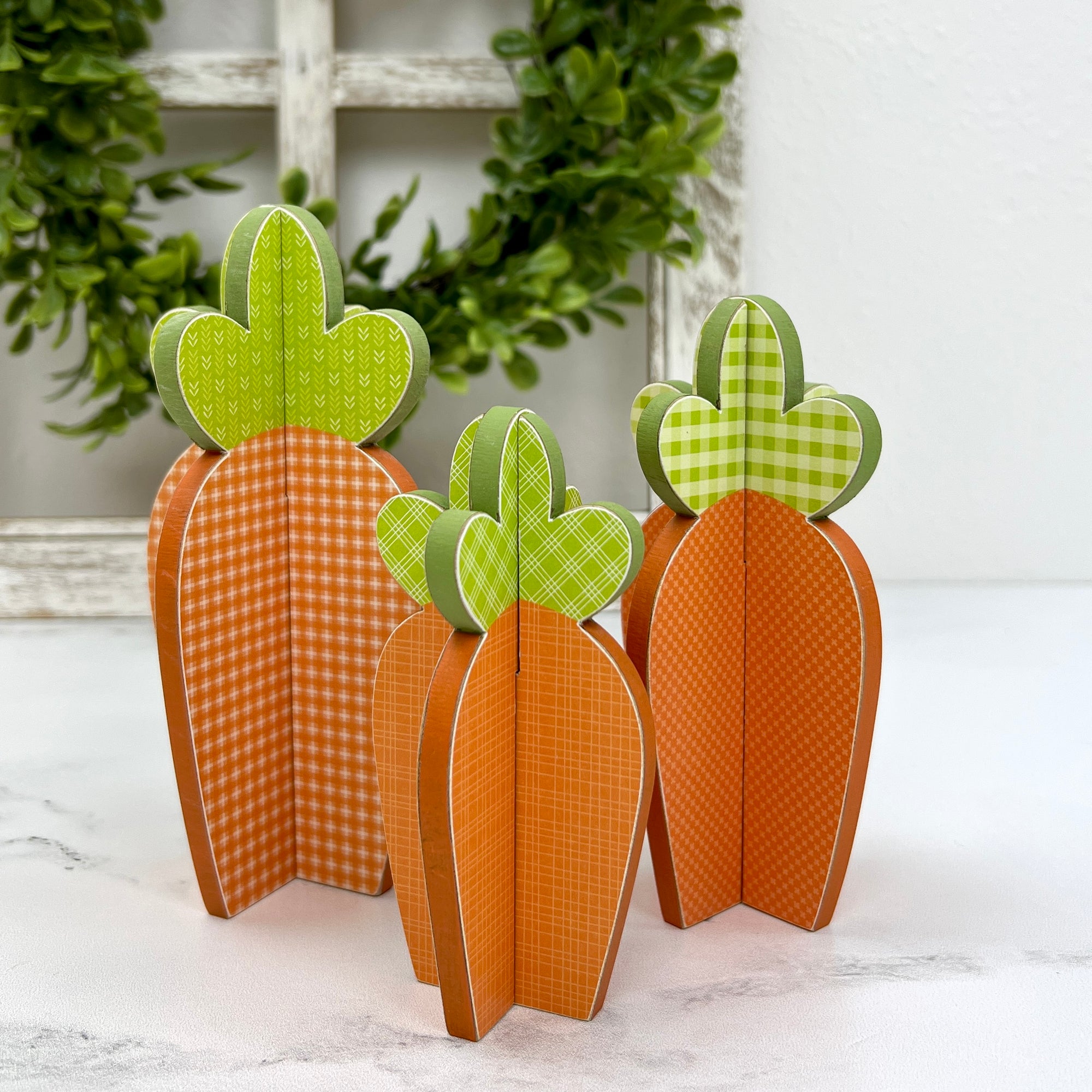3D wood carrots DIY craft kit with orange and green paper for decoupage