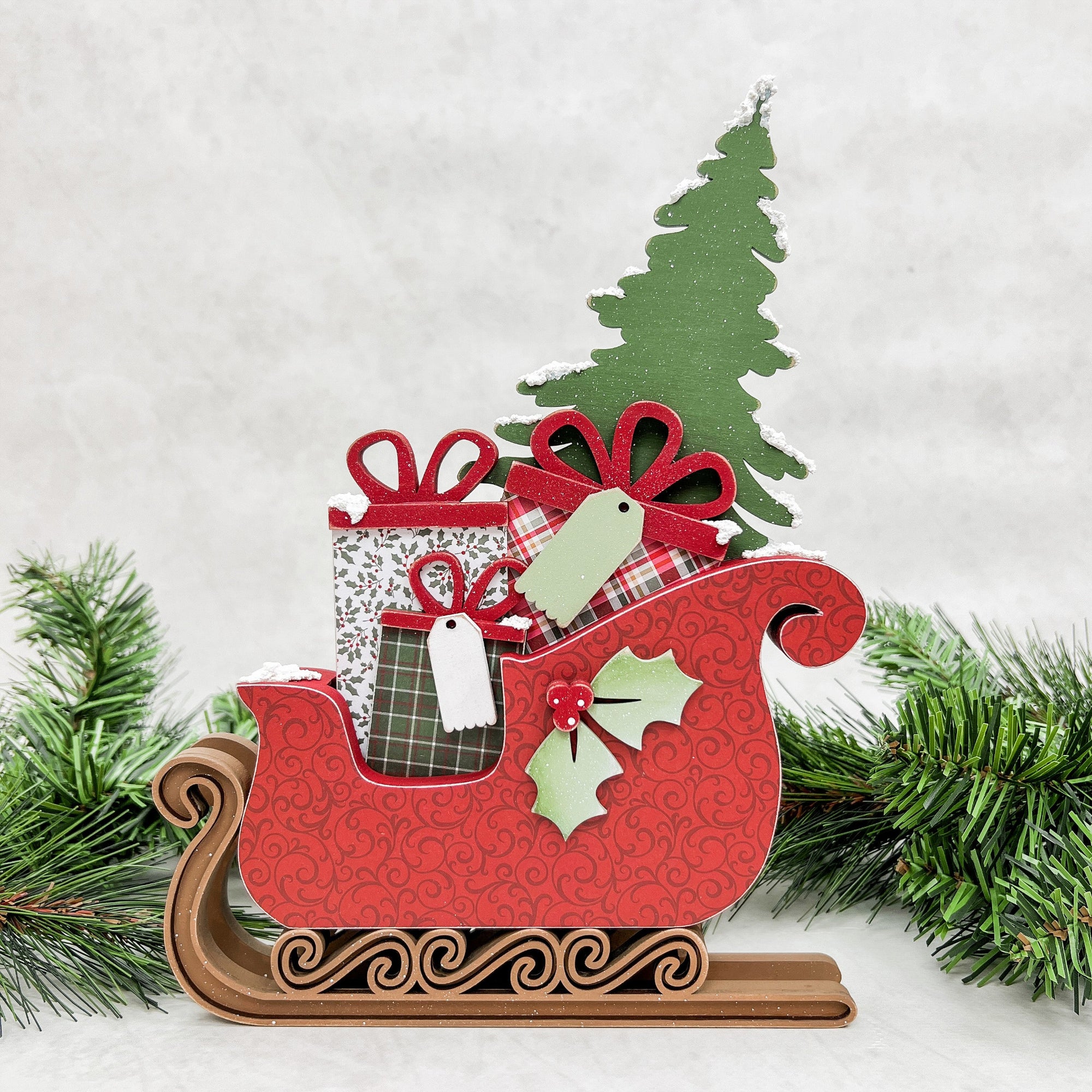Christmas sleigh with christmas tree and presents wood decor craft kit