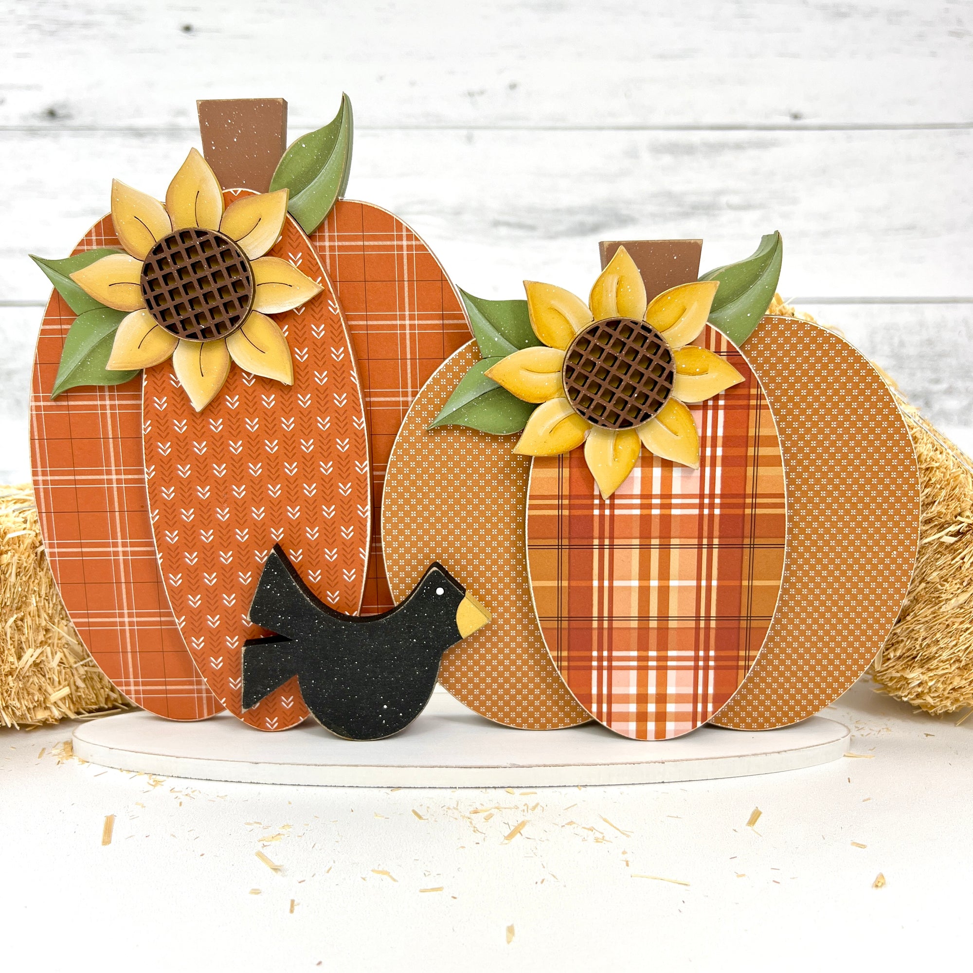 Set of two Fall plaid pumpkins with sunflowers and crows. Wood decor DIY fall craft kit.