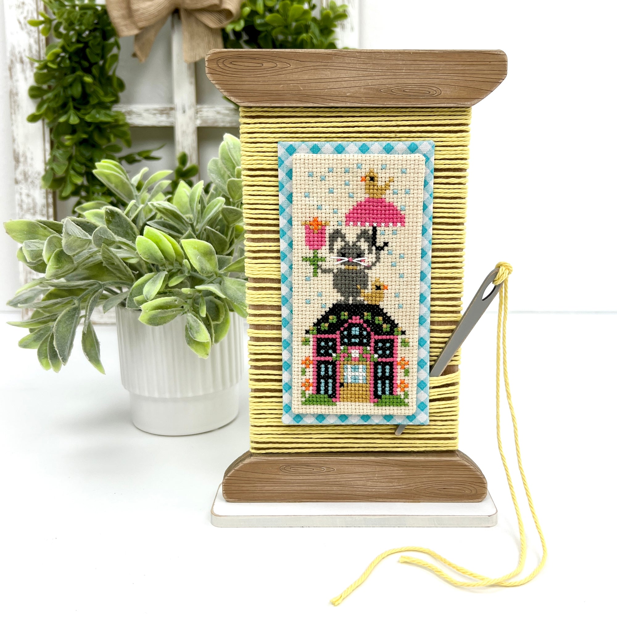 Spool With Thread Cross Stitch Display-Unfinished Wood