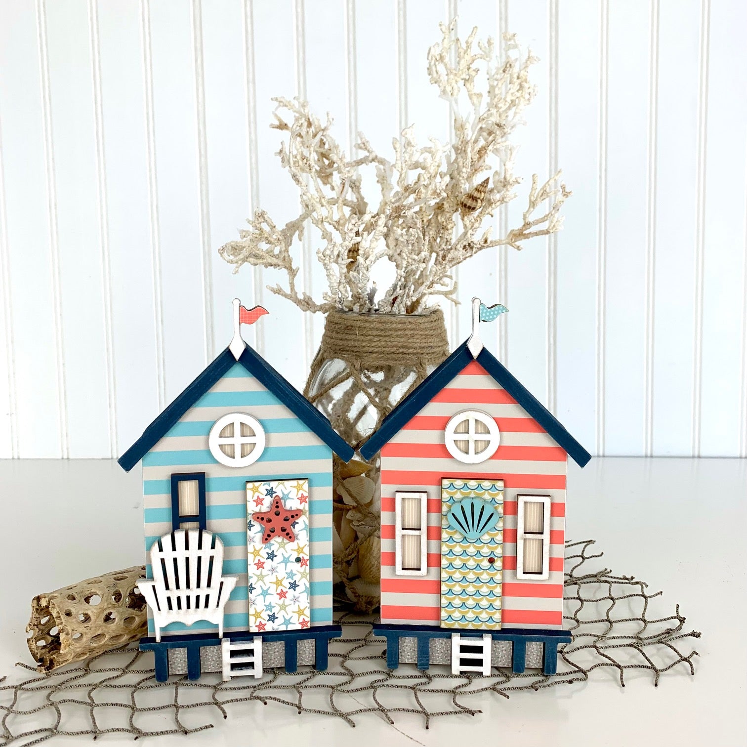 Retro nautical beach huts in blue and coral colors.  Wood decorations for styling tiered trays, shelves, mantels, and wood trays. Wood craft kits. 