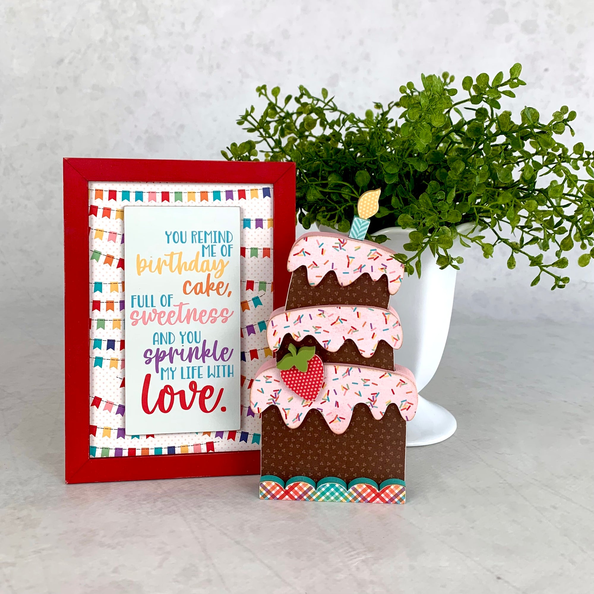 Birthday cake wood decor with sprinkles phrase sign.  Birthday party decor.  Handmade birthday party decor.  Birthday parties decor ideas. Cute birthday cake with sign. 