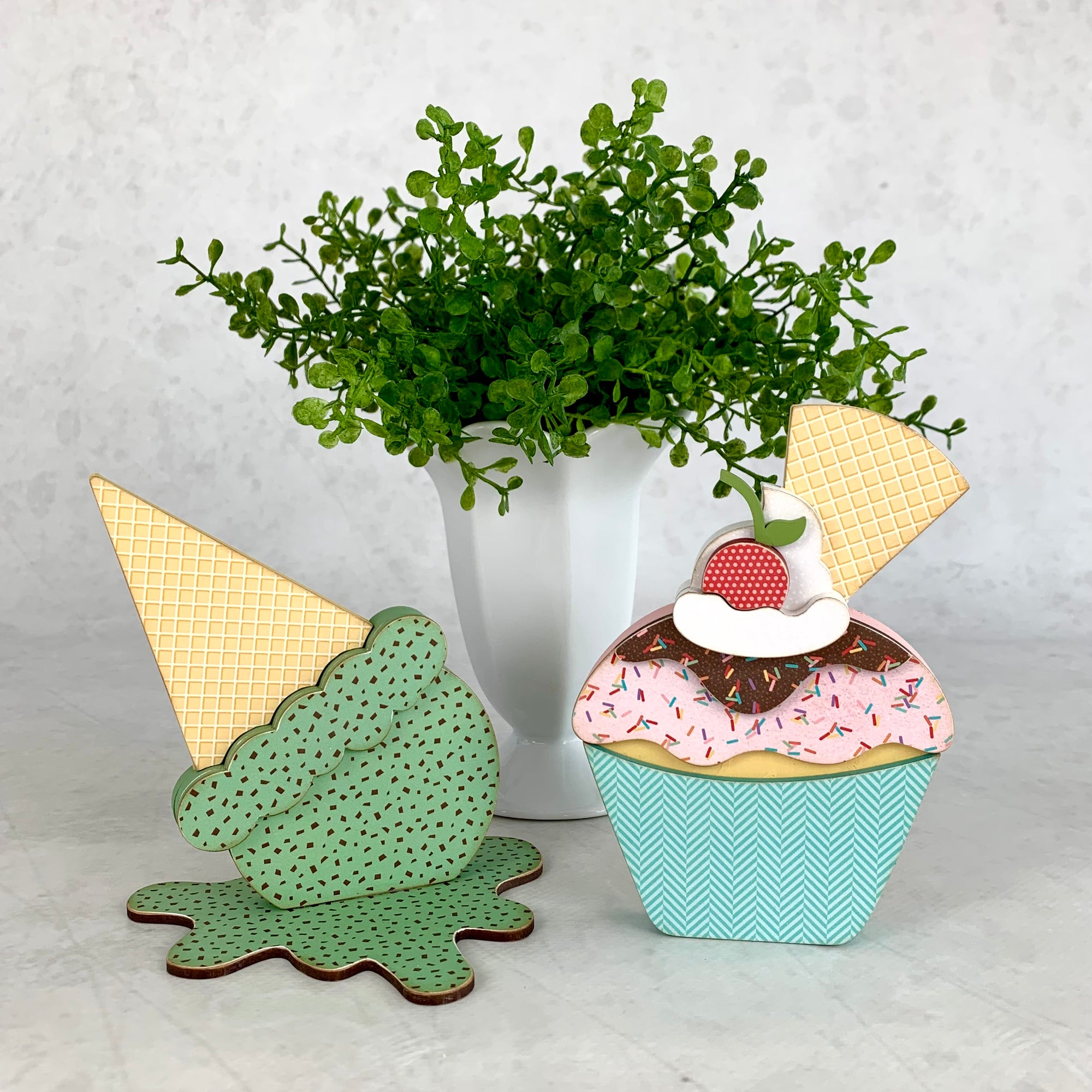 Melted ice cream cone and cupcake for styling birthday and ice cream themed tiered trays.  Ice cream cone and cupcake wood decor. Handmade wood decor crafts. Cupcake with a cherry on top.  Mint chip flavored ice cream cone.  Birthday decorations. Ice cream themed decorations. 