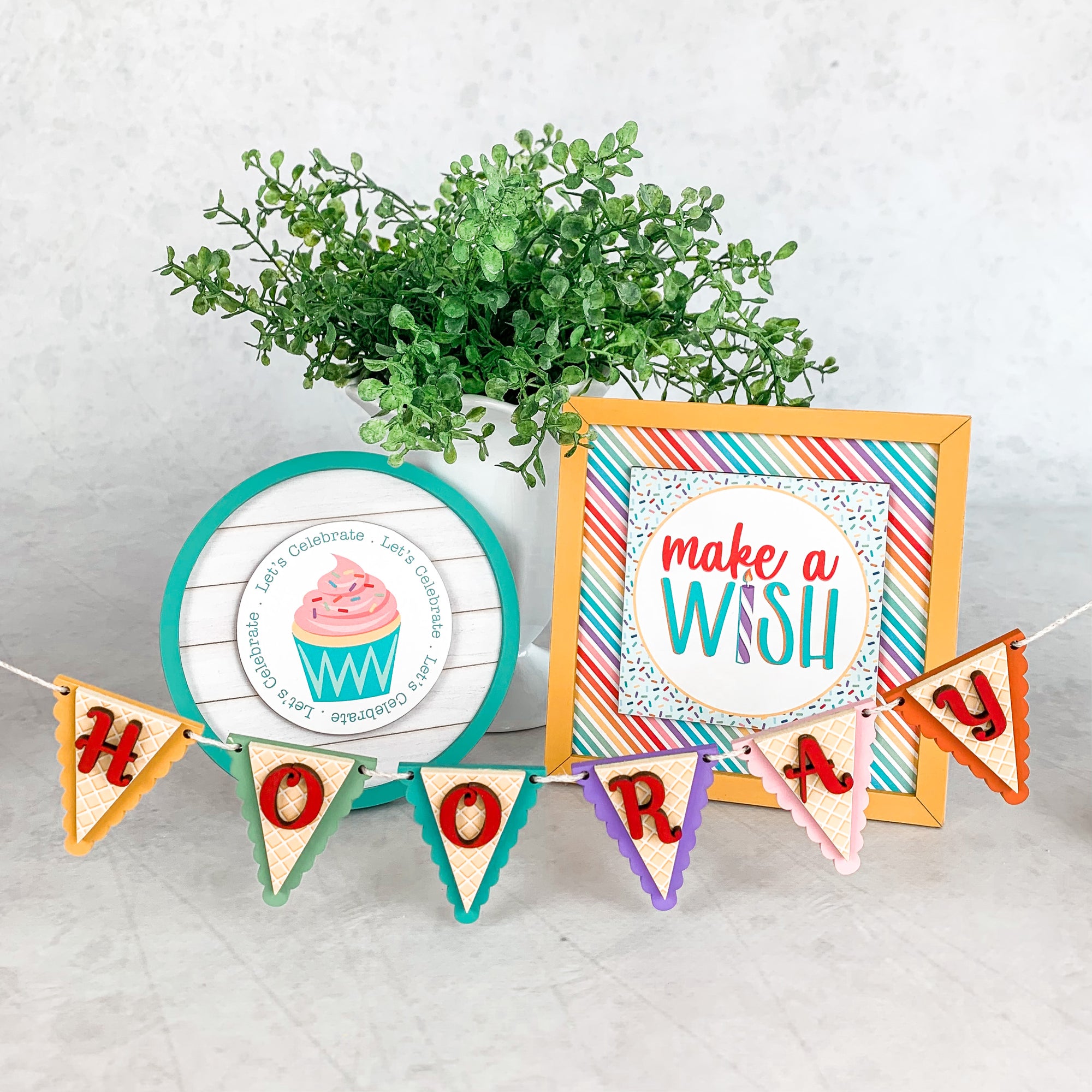 Birthday Hooray banner with birthday shiplap sign and make a wish sign. Birthday signs and banner for styling tiered trays, mantels, and shelves. Birthday party decor. Handmade birthday party ideas.