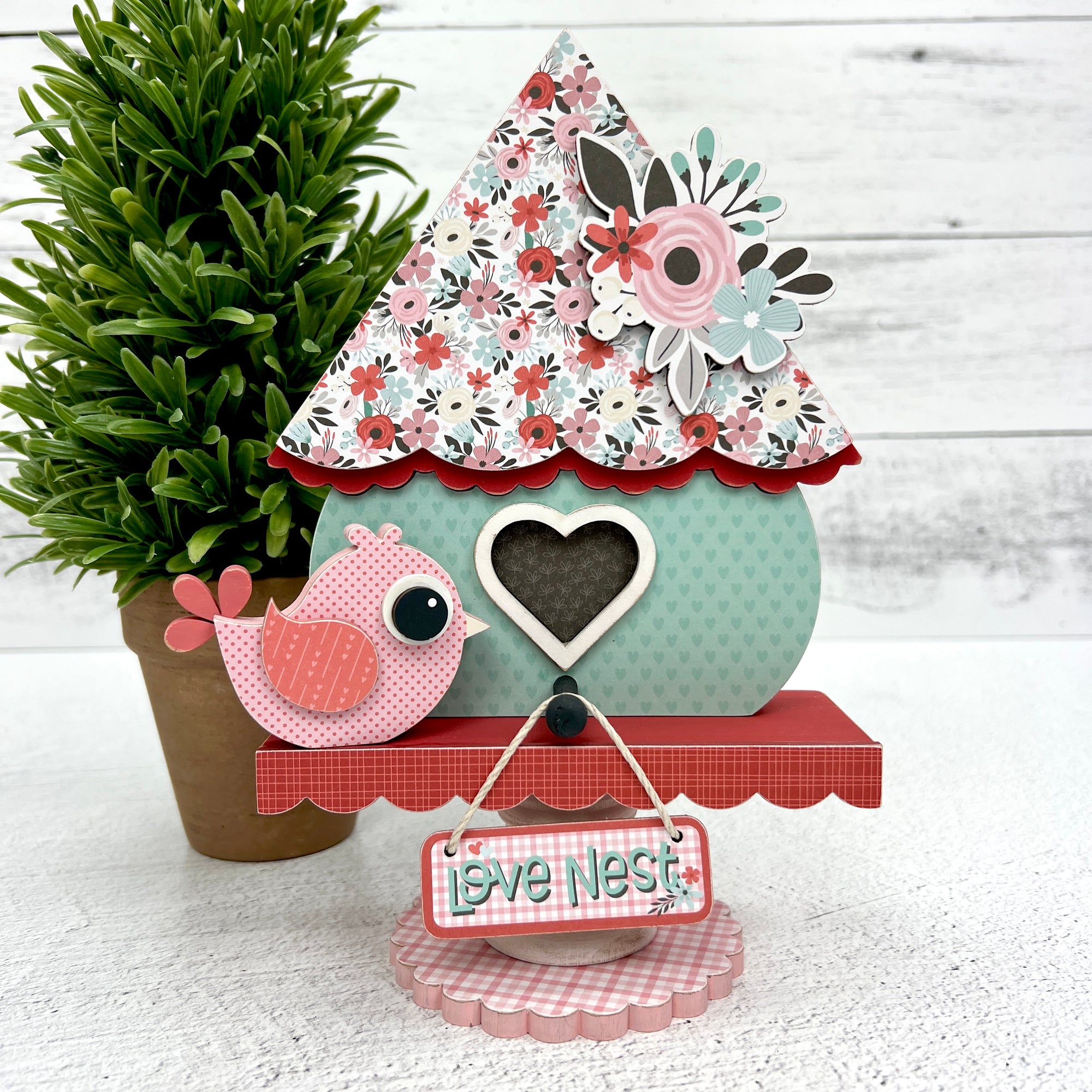 Lovebird birdhouse with small pink lovebird wood decoration for valentines day 
