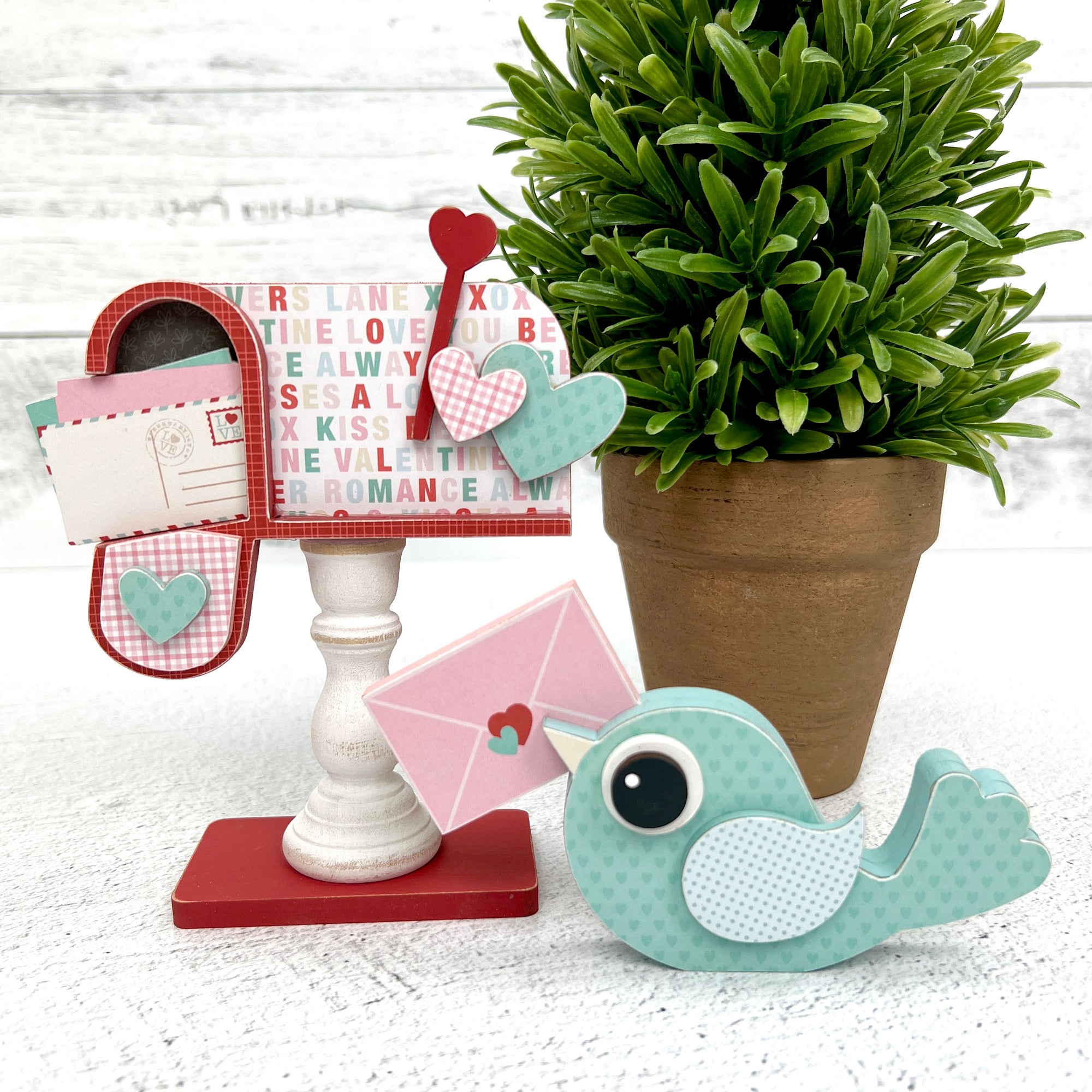 blue lovebird with pink and red mailbox wood valentine decorations for tiered trays, table tops, and mantels