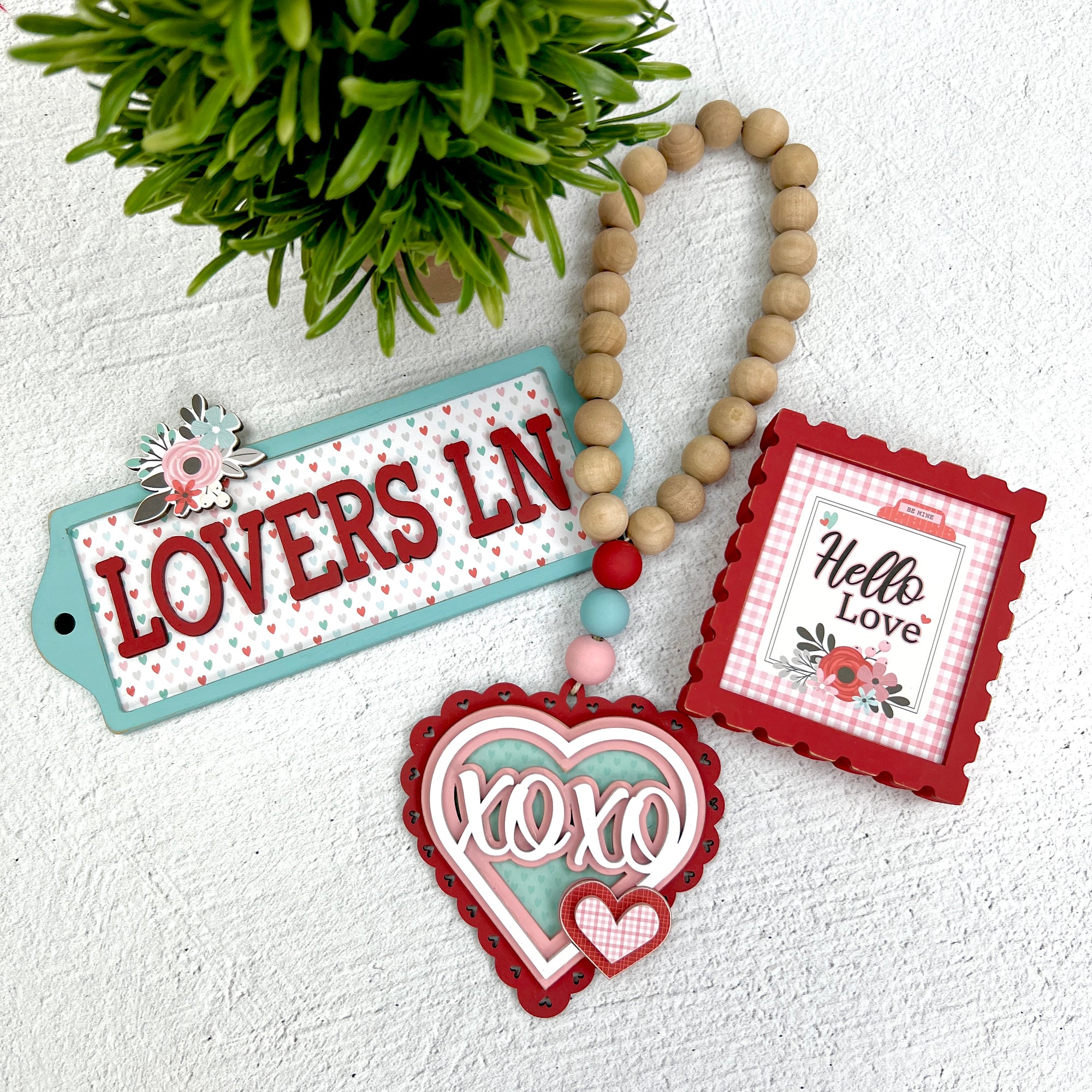 Lovers lane, hello love, and hugs and kisses Valentine wood signs for tiered tray, table top, and mantel decorations