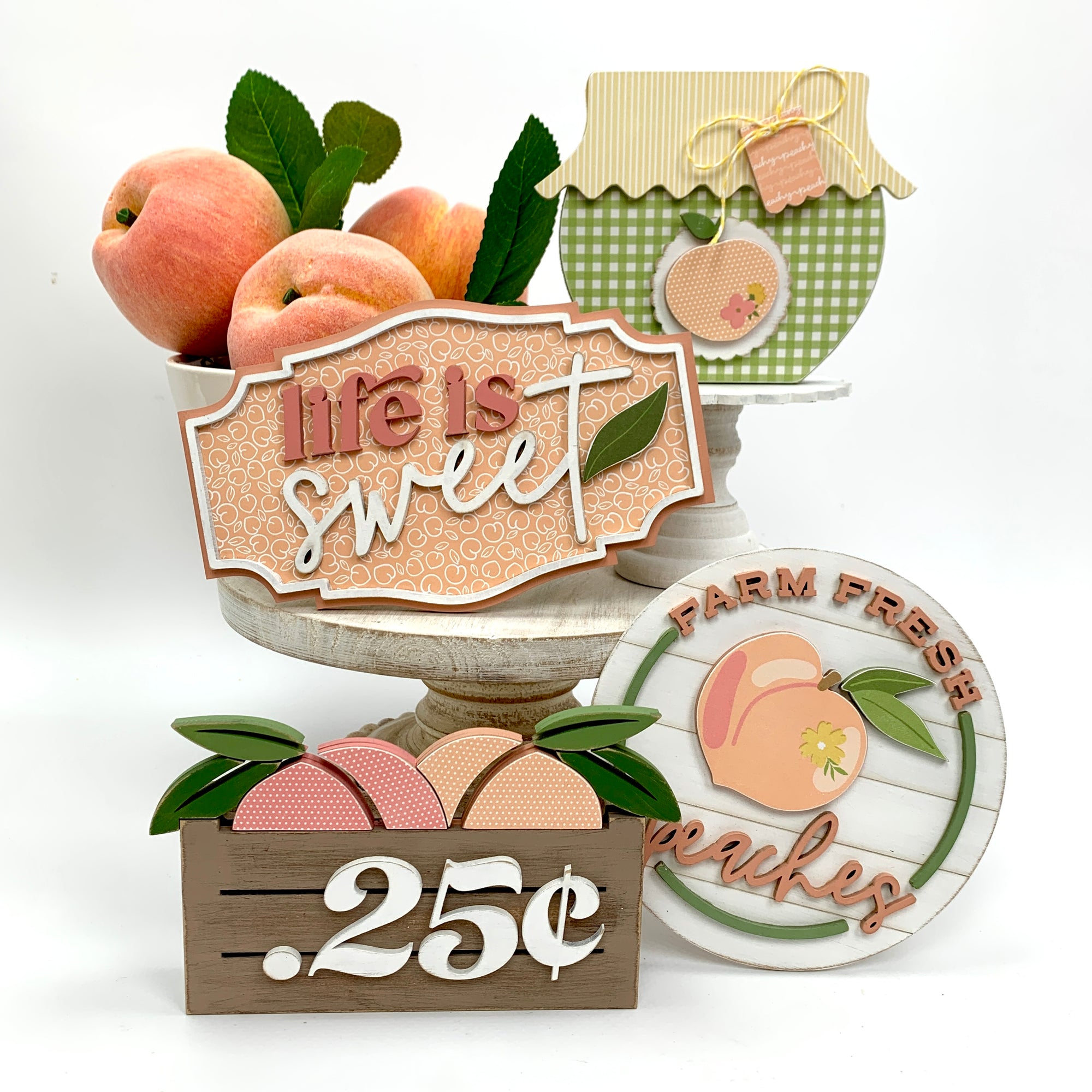 Peach jam jar, crate with peaches, life is sweet sign, and a fresh peaches shiplap sign wood decor craft kit for tiered tray and home decorations. 