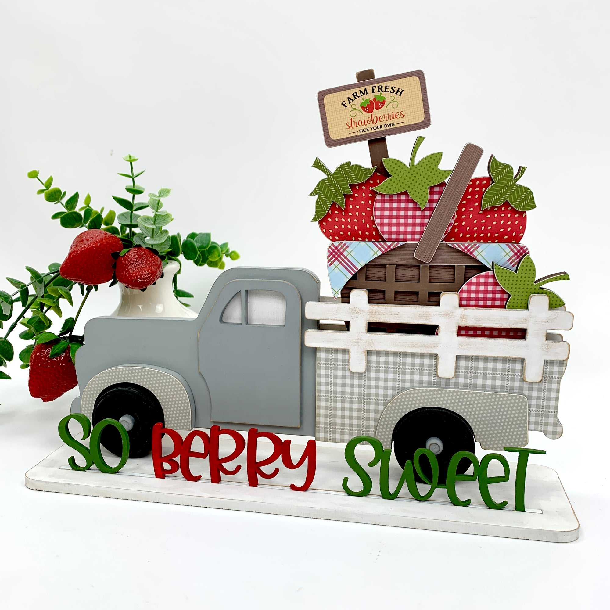 Wood pick up truck craft kit with seasonal changeable inserts with strawberry basket