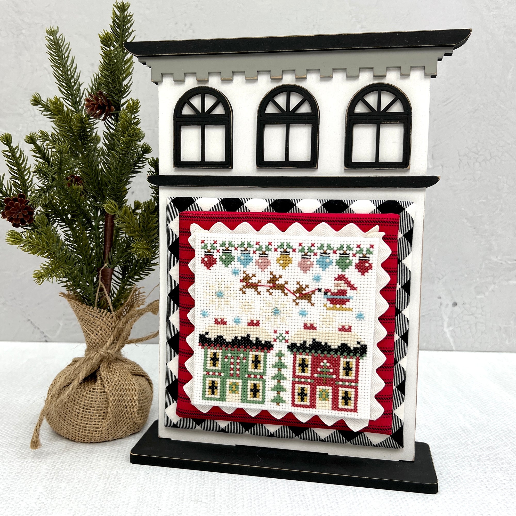 Wood city house for cross stitch display finishing. Stitching with the Housewives Christmas Dapper Dodads cross stitch.