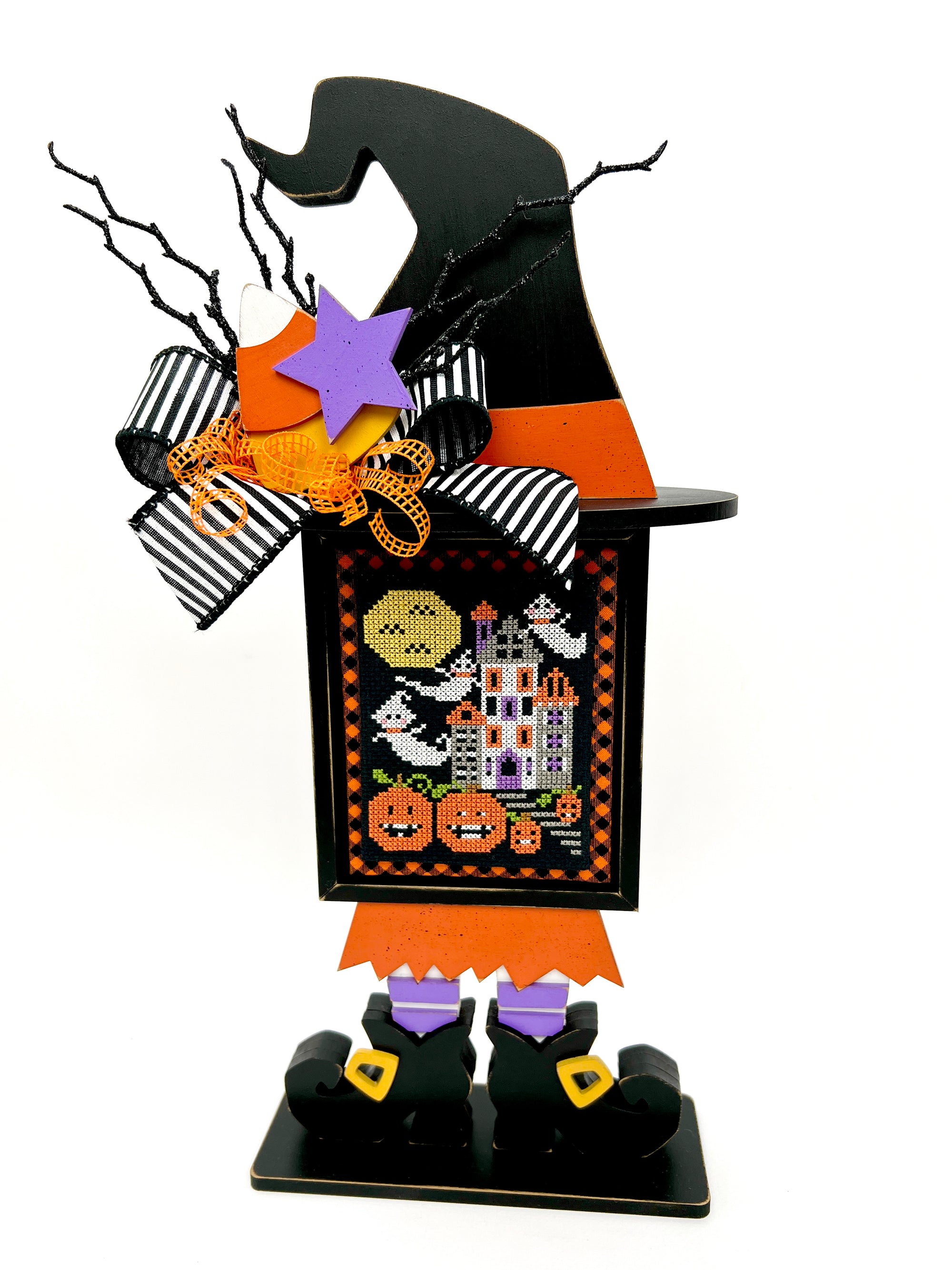 Wood witch with Stitching with the Housewives Halloween cross stitch display backer