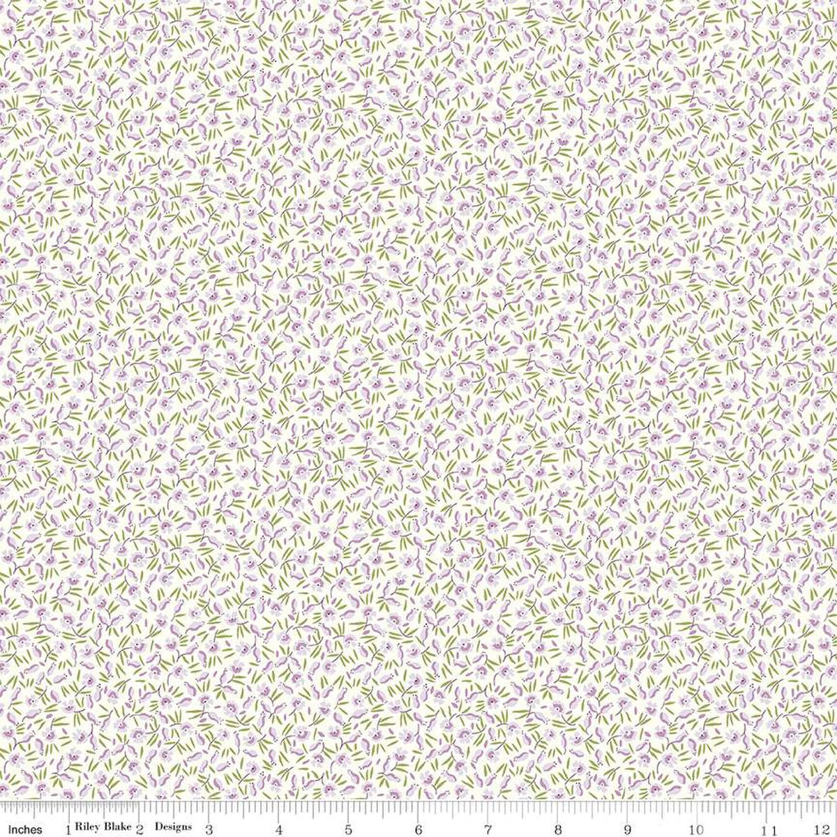 Lavender and green floral pattern fabric with small flowers on a white background