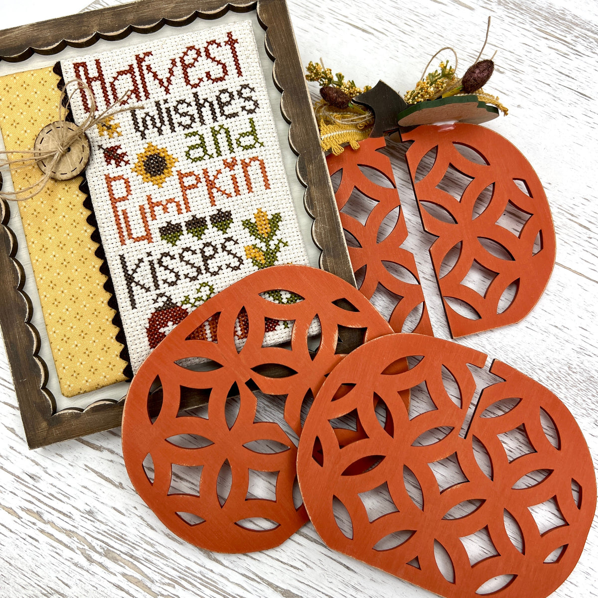 3D pumpkin wood decor kit for displaying fall cross stitch and needlecraft