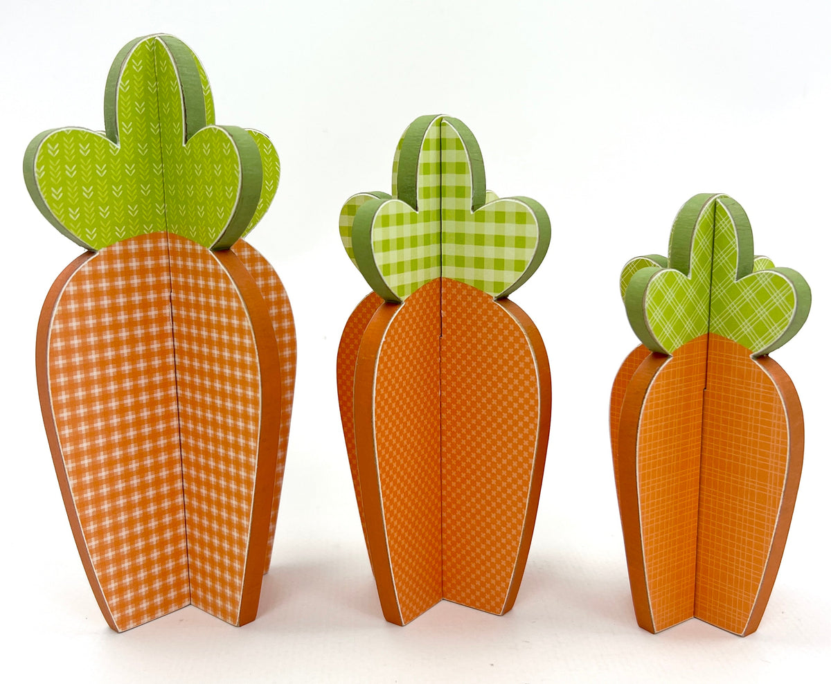 DIY wood craft carrots with orange and green paper