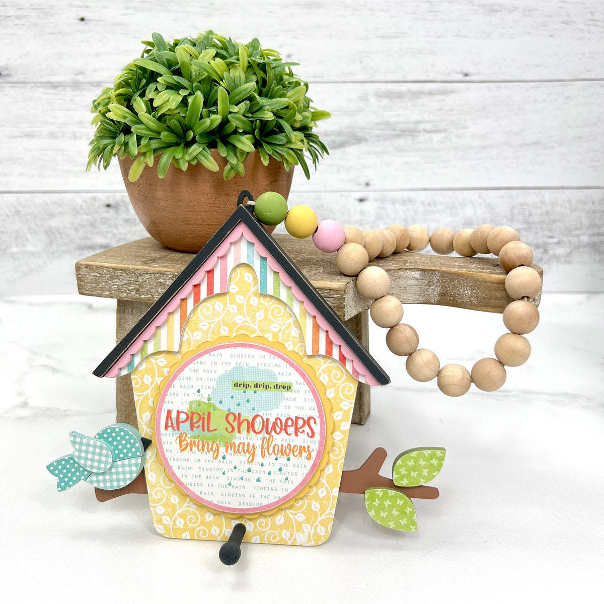 April Showers Birdhouse Beaded Garland Wood Decor seasonal wood decor