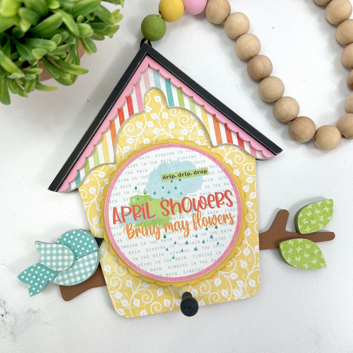 April Showers Birdhouse Beaded Garland Wood Decor seasonal wood decor
