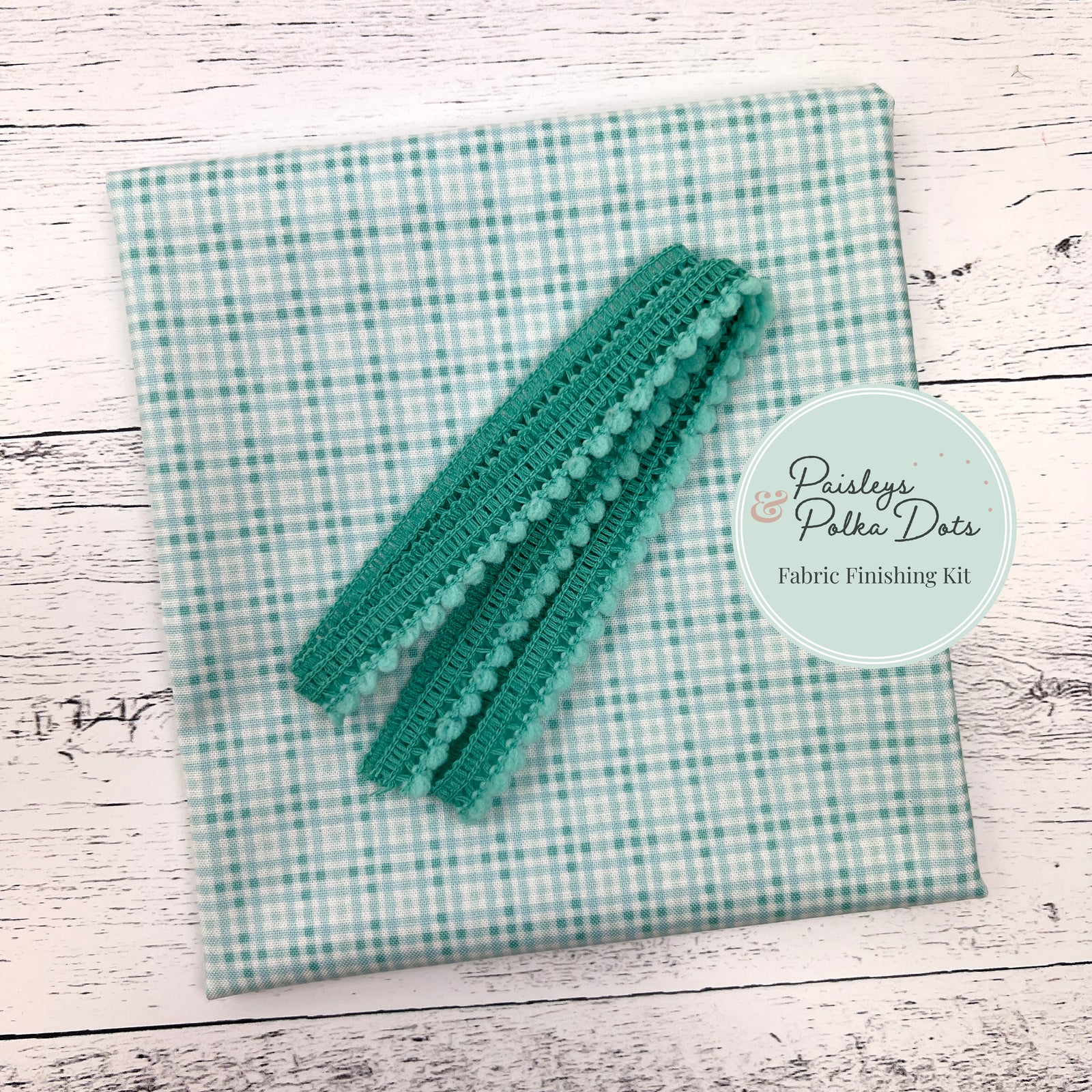 Aqua Plaid with Pom Pom Trim Fabric Finishing Kit