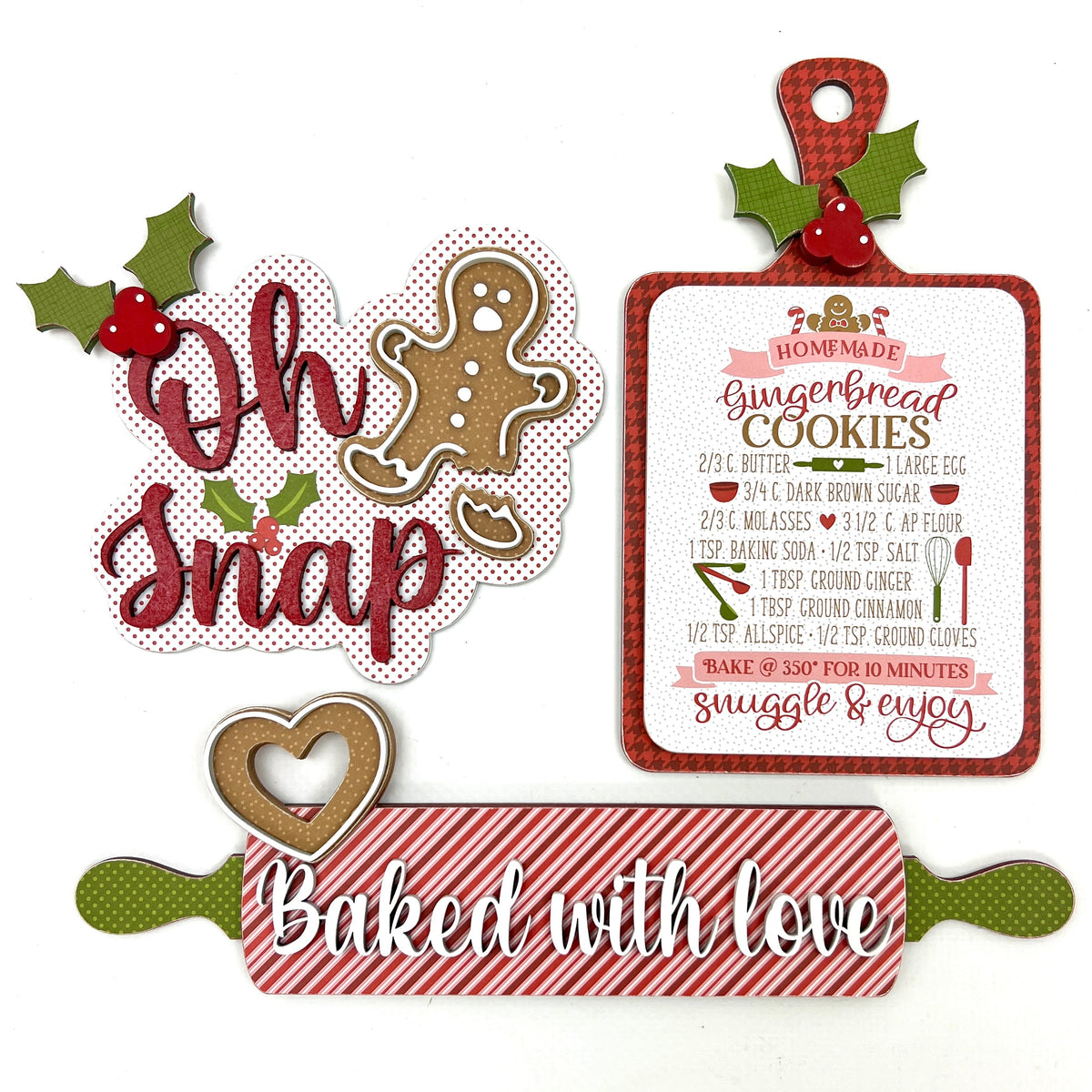Gingerbread themed tiered tray decorations; gingerbread cookie recipe board, baked with love rolling pin, and Oh Snap gingerbread cookie sign