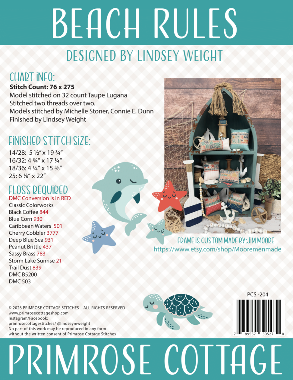 Back of a Primrose Cottage cross stitch pattern with beach-themed design and product details.