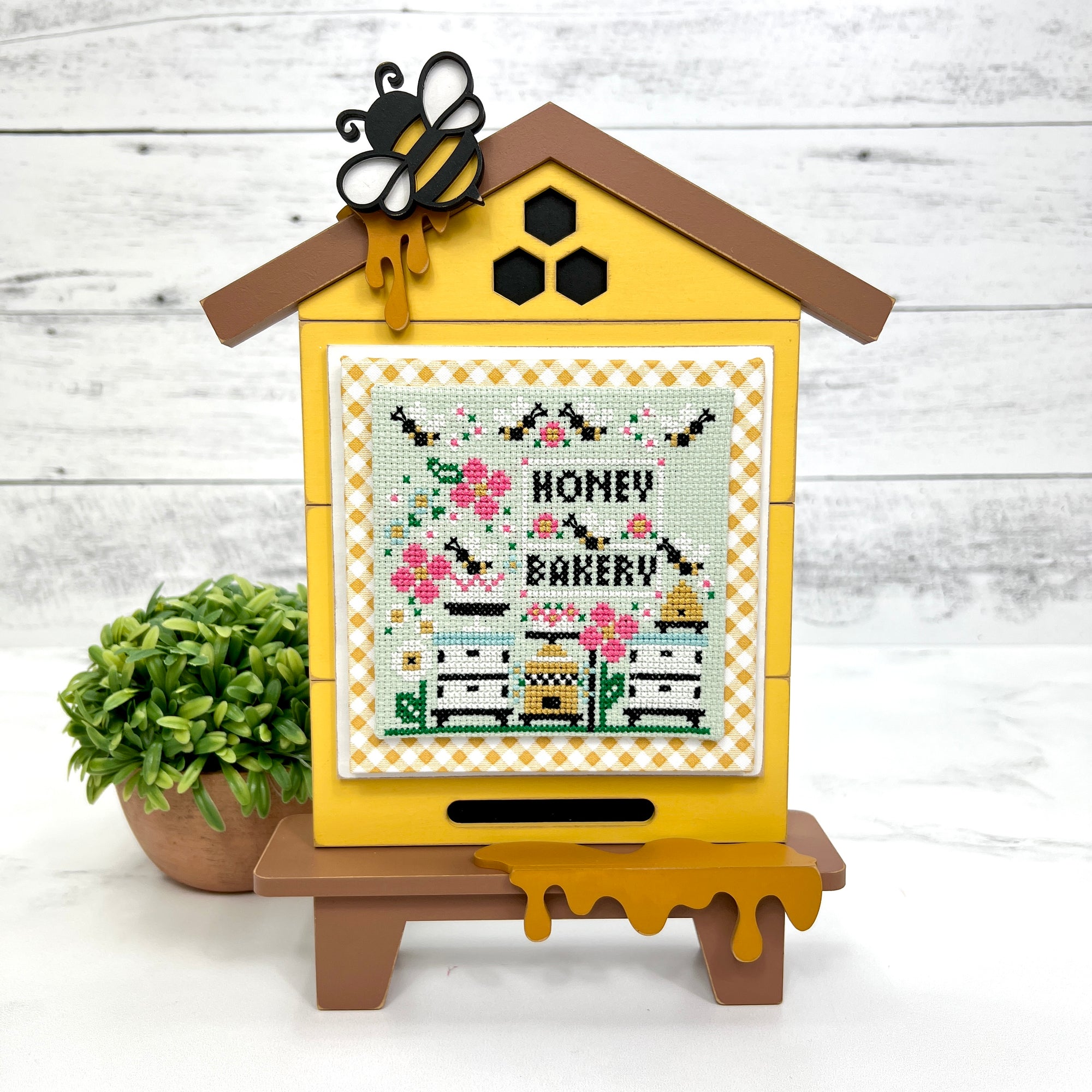 Unfinished wood bee hive hut cross stitch display