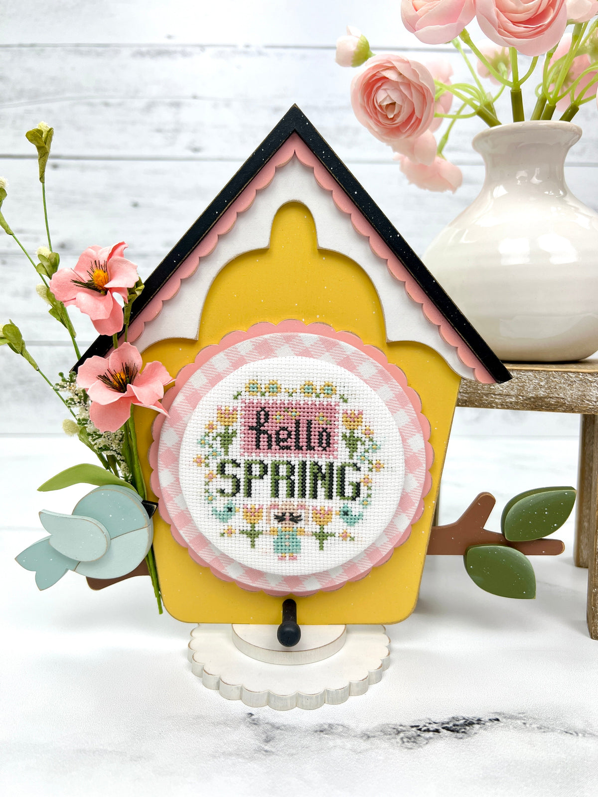 Birdhouse Cross Stitch Display-Unfinished Wood seasonal wood decor