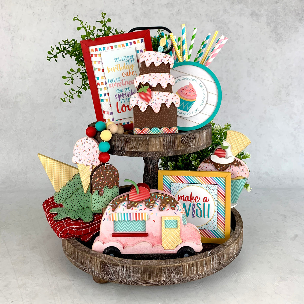 Birthday tiered tray decor.  Ice cream tiered tray decor.Birthday cake wood decor with sprinkles phrase sign.  Birthday party decor.  Handmade birthday party decor.  Birthday parties decor ideas. Cute birthday cake with sign. 