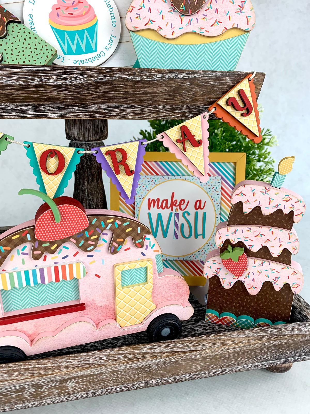 Birthday tiered tray decor. Ice cream tiered tray decor.Birthday cake wood decor with sprinkles phrase sign. Birthday party decor. Handmade birthday party decor. Birthday parties decor ideas. Cute birthday cake with sign.