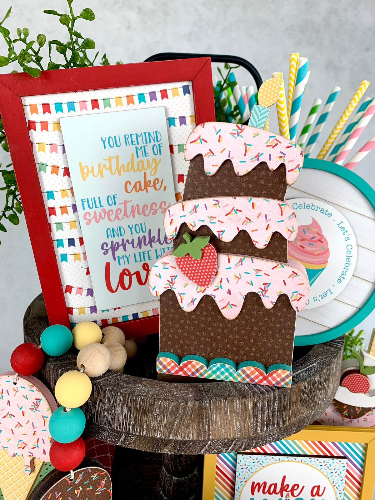 Birthday tiered tray decor. Ice cream tiered tray decor.Birthday cake wood decor with sprinkles phrase sign. Birthday party decor. Handmade birthday party decor. Birthday parties decor ideas. Cute birthday cake with sign.