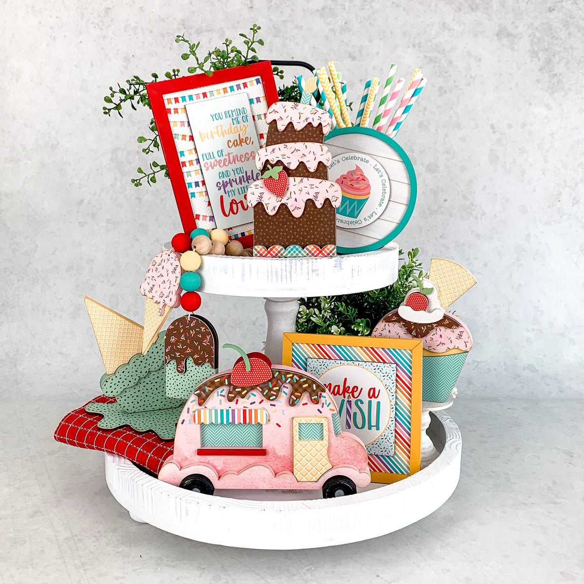 Birthday tiered tray decor. Ice cream tiered tray decor.Birthday cake wood decor with sprinkles phrase sign. Birthday party decor. Handmade birthday party decor. Birthday parties decor ideas. Cute birthday cake with sign.