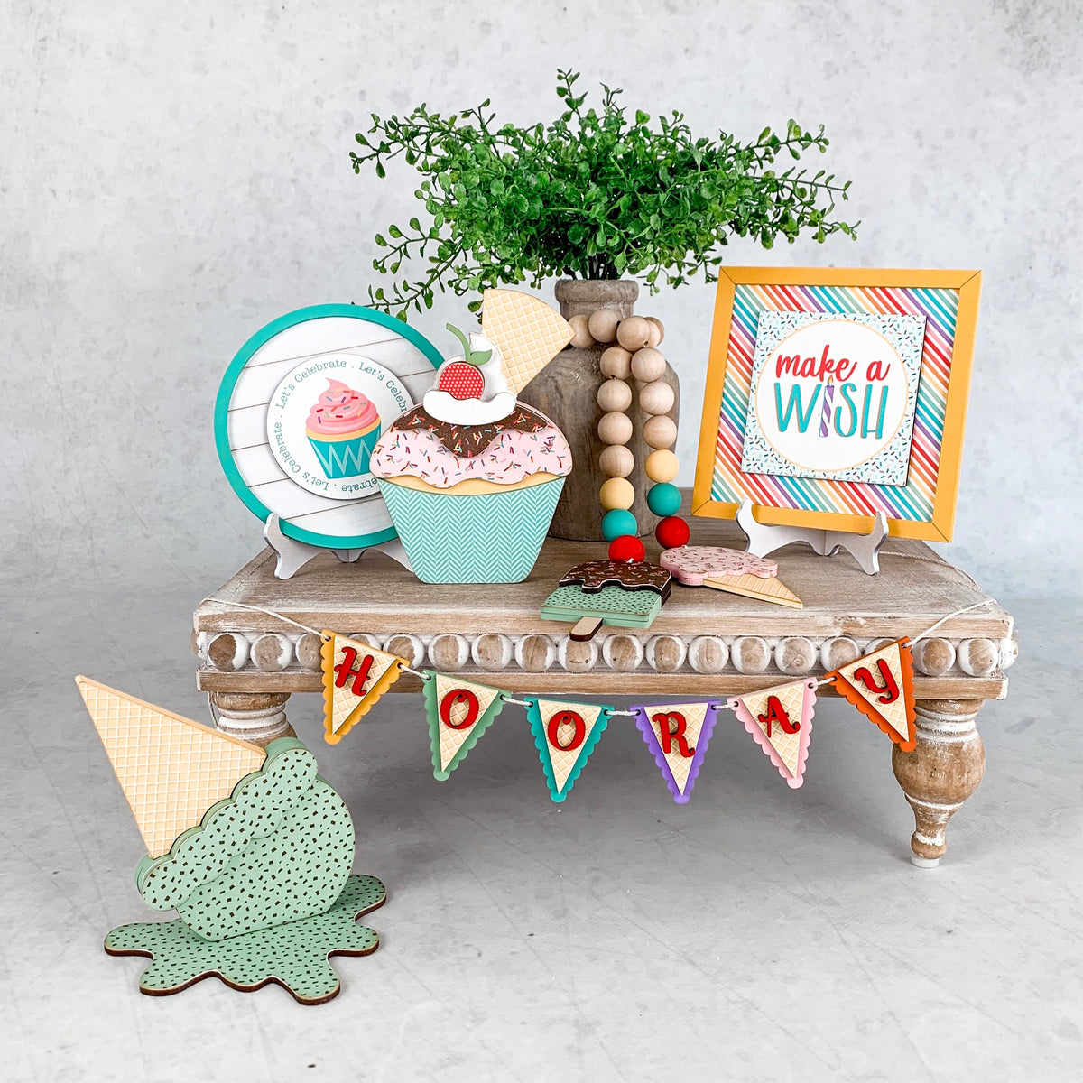 Birthday Hooray banner with birthday shiplap sign and make a wish sign. Birthday signs and banner for styling tiered trays, mantels, and shelves. Birthday party decor. Handmade birthday party ideas. Ice cream Tiered tray decor.