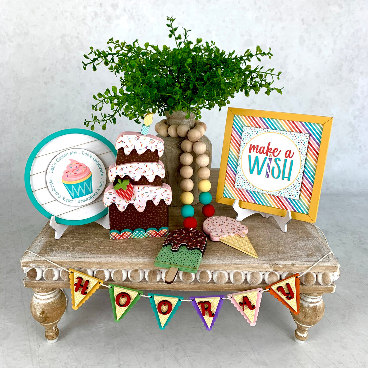 Birthday tiered tray decor. Ice cream tiered tray decor.Birthday cake wood decor with sprinkles phrase sign. Birthday party decor. Handmade birthday party decor. Birthday parties decor ideas. Cute birthday cake with sign.