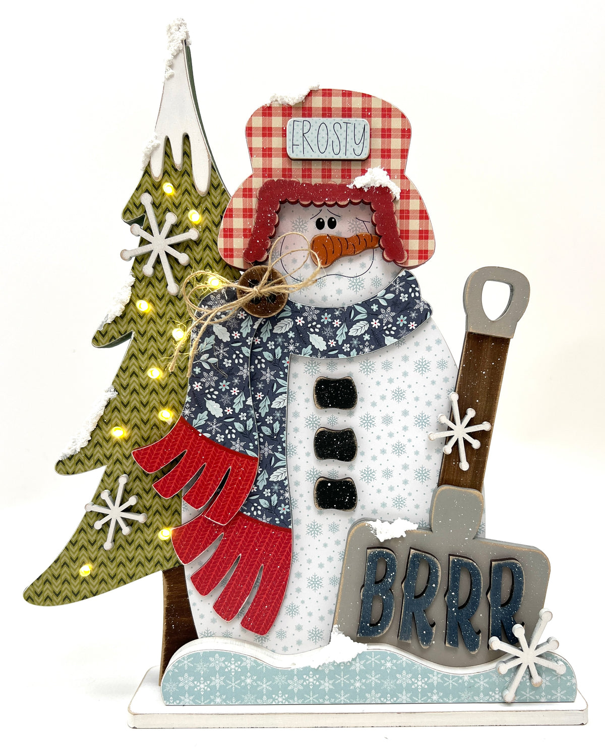 DIY BRRR snowman wood decor kit with light-up tree, fairy lights, decoupage paper, and winter farmhouse design