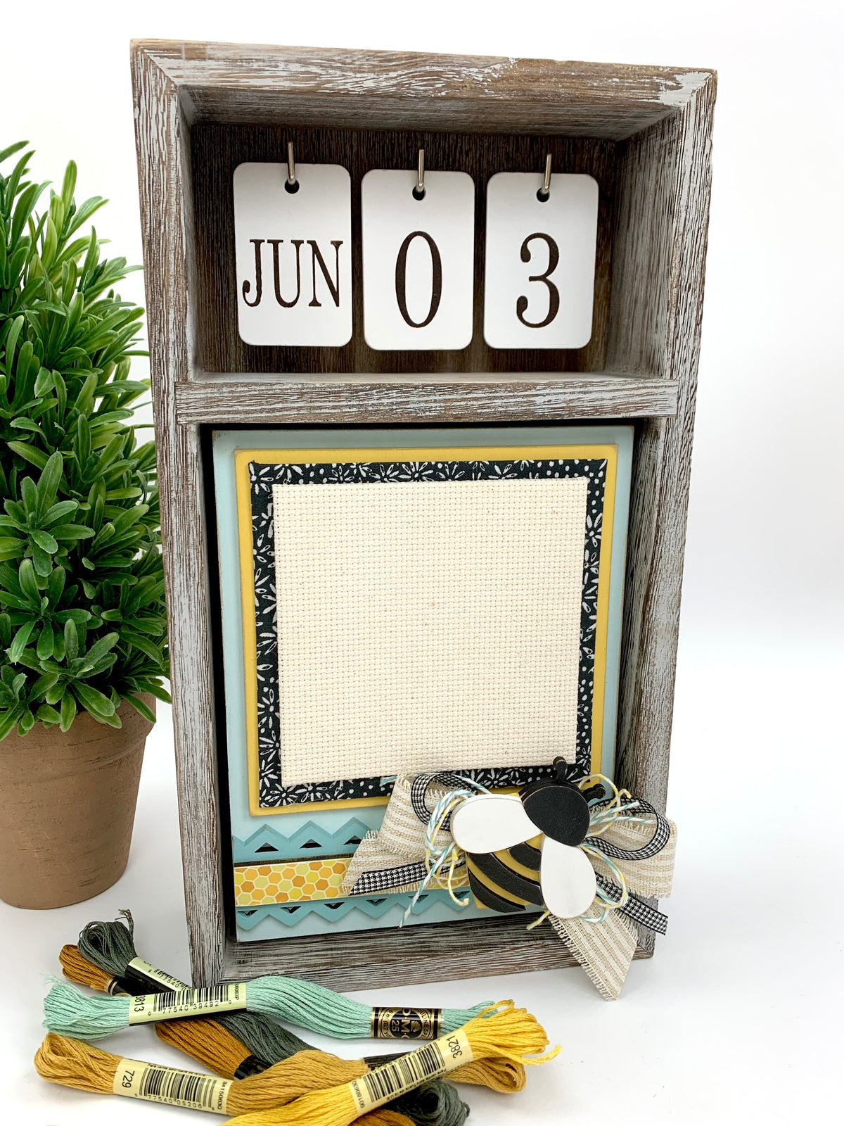 Bumble bee cross stitch unfinished wood backer inside seasonal calendar box