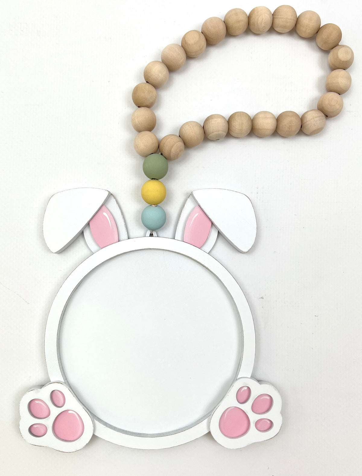 Wood hanging bunny with beads for displaying a finished cross stitch piece