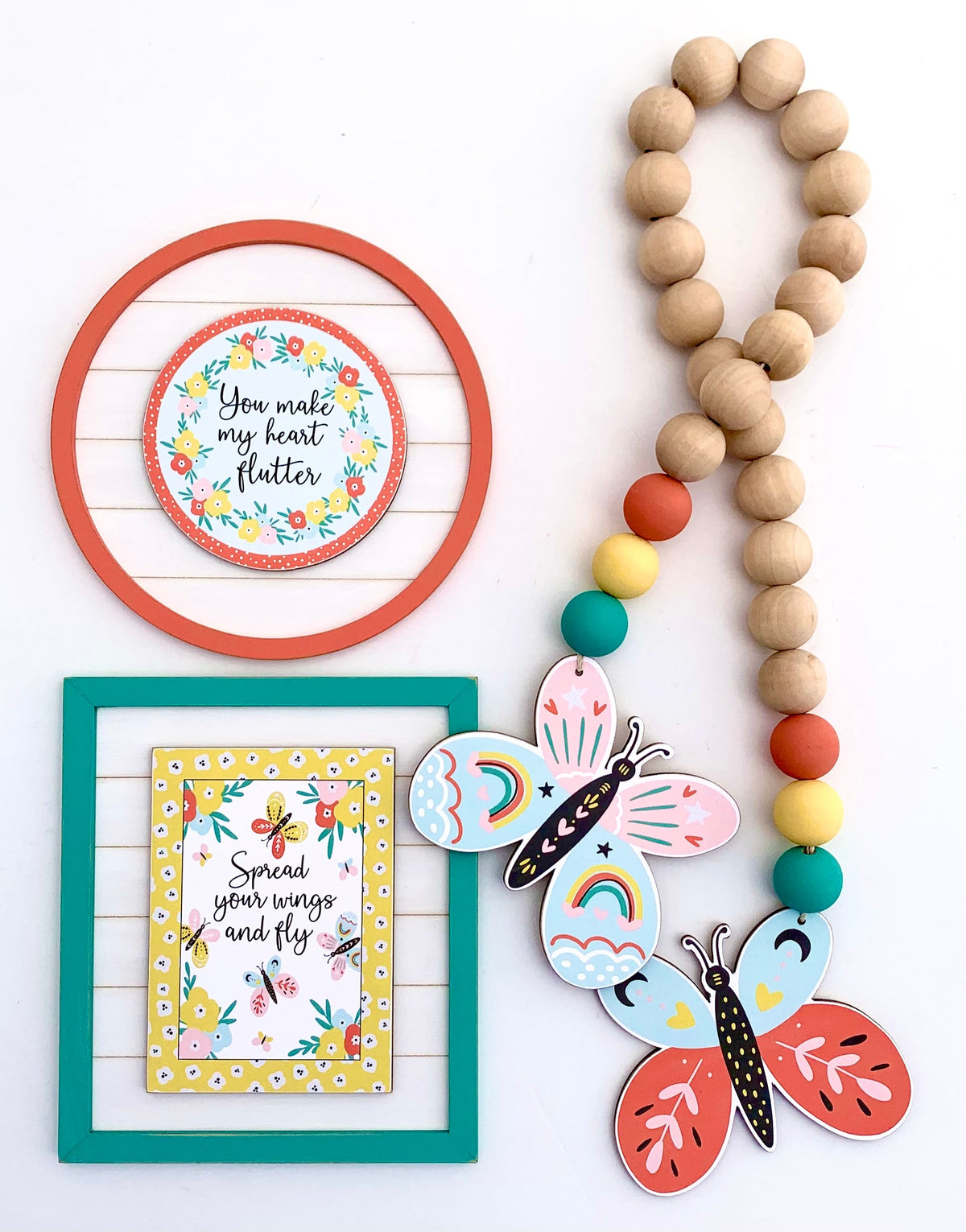 Butterfly beaded garland, wood beads garland, tiered tray signs, butterfly tiered tray signs, tiered tray decor, seasonal home decor, DIY wood craft kits, handmade seasonal decor