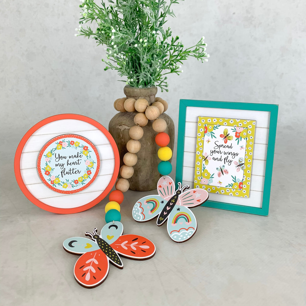 Butterfly beaded garland, wood beads garland, tiered tray signs, butterfly tiered tray signs, tiered tray decor, seasonal home decor, DIY wood craft kits, handmade seasonal decor