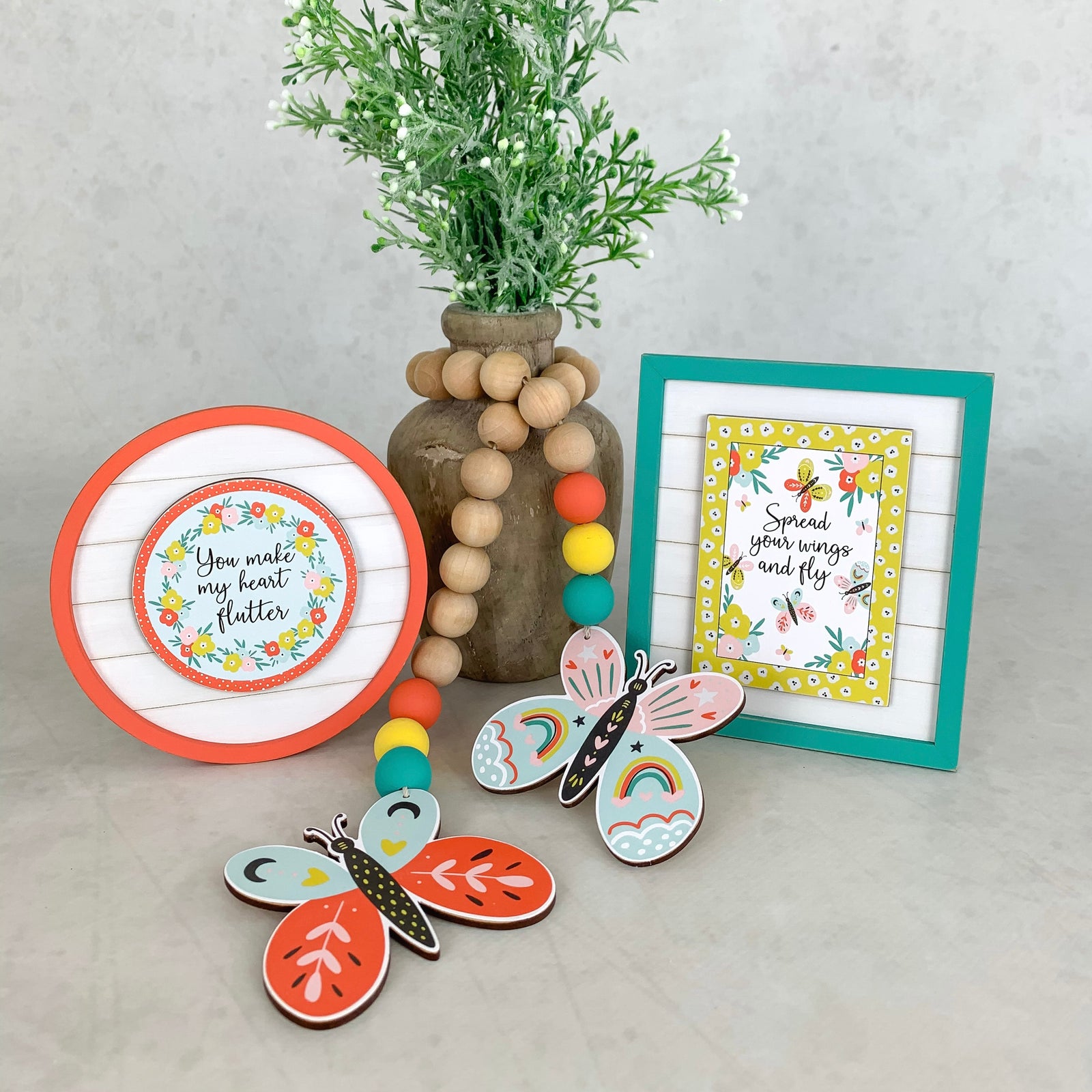 Butterfly beaded garland, wood beads garland, tiered tray signs, butterfly tiered tray signs, tiered tray decor, seasonal home decor, DIY wood craft kits, handmade seasonal decor