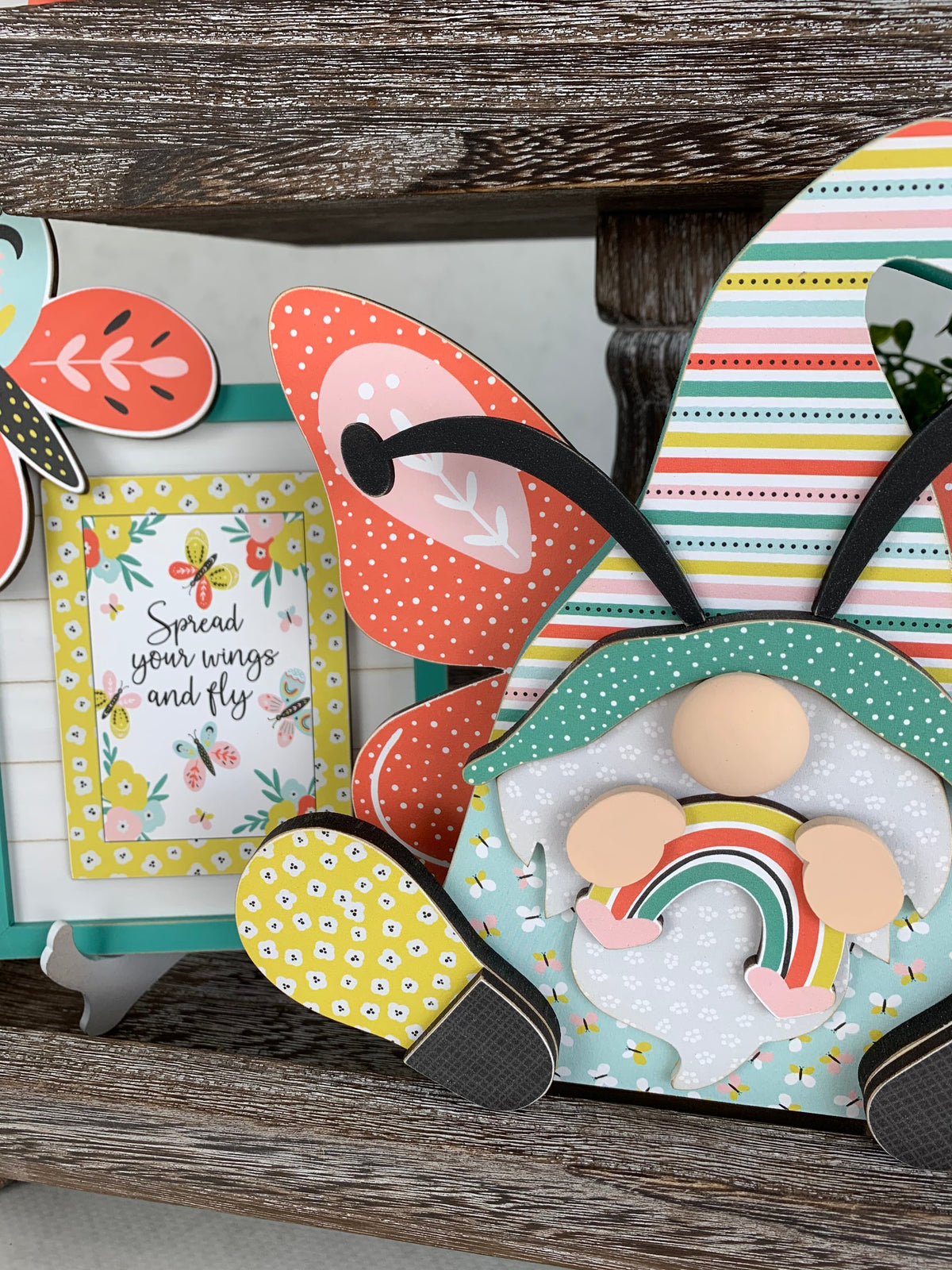 Butterfly gnomes, wood butterfly gnomes, Butterfly tiered tray decor, handmade tiered tray decor, rainbow tiered tray decor, DIY wood craft kits, seasonal wood crafts