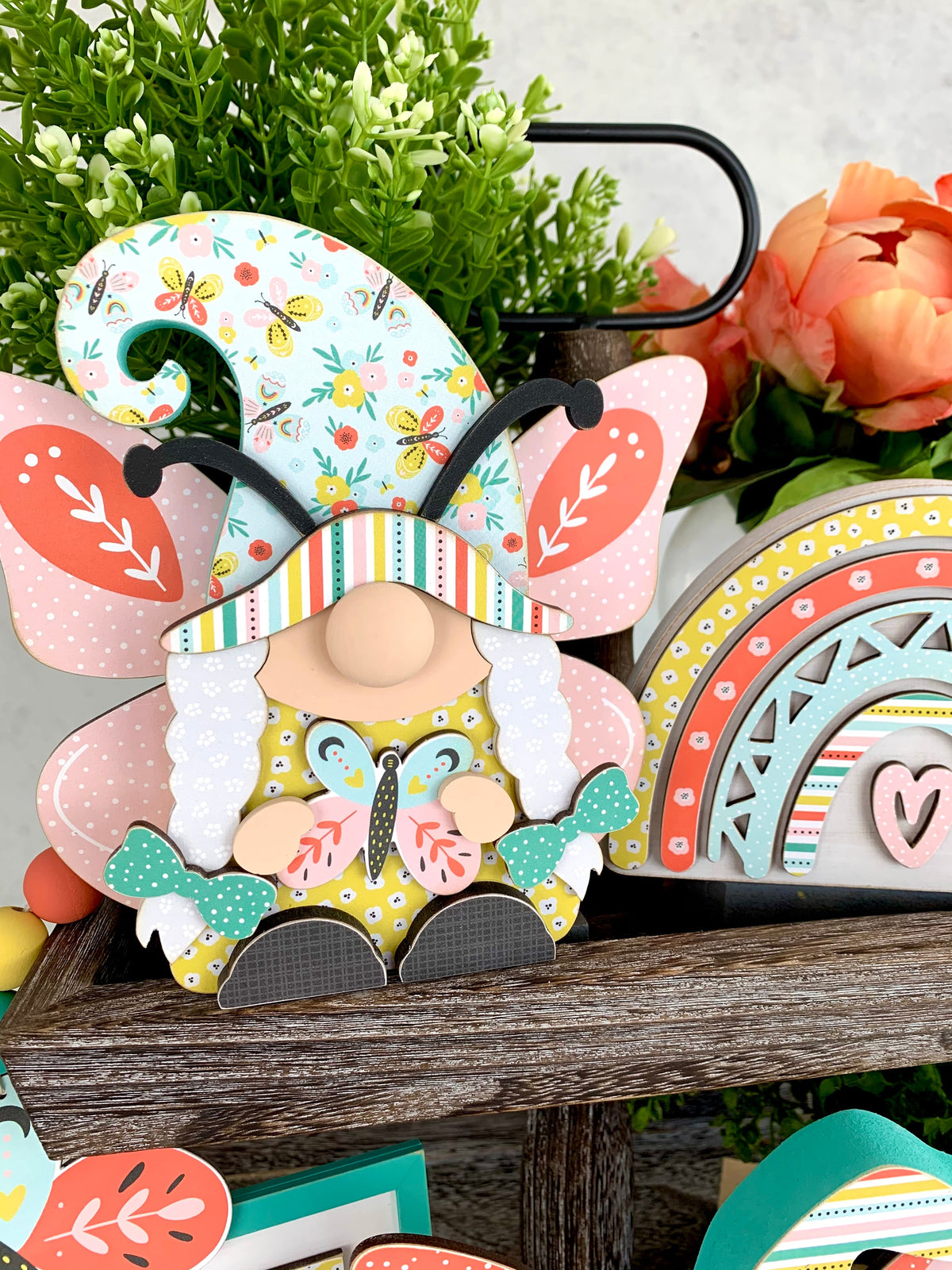 Butterfly gnomes, wood butterfly gnomes, Butterfly tiered tray decor, handmade tiered tray decor, rainbow tiered tray decor, DIY wood craft kits, seasonal wood crafts