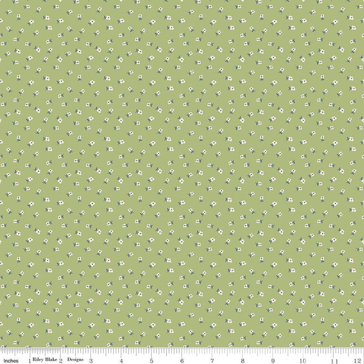 Green fabric with small white floral pattern