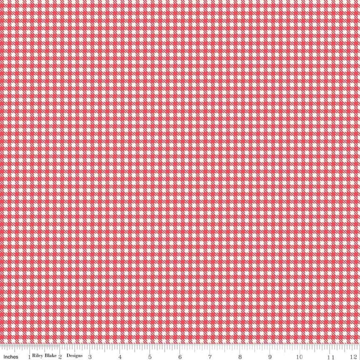 Red and white hashed checkered fabric pattern.