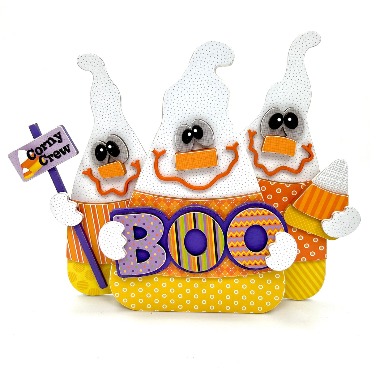 Candy corn wood decoration for Halloween crafting.