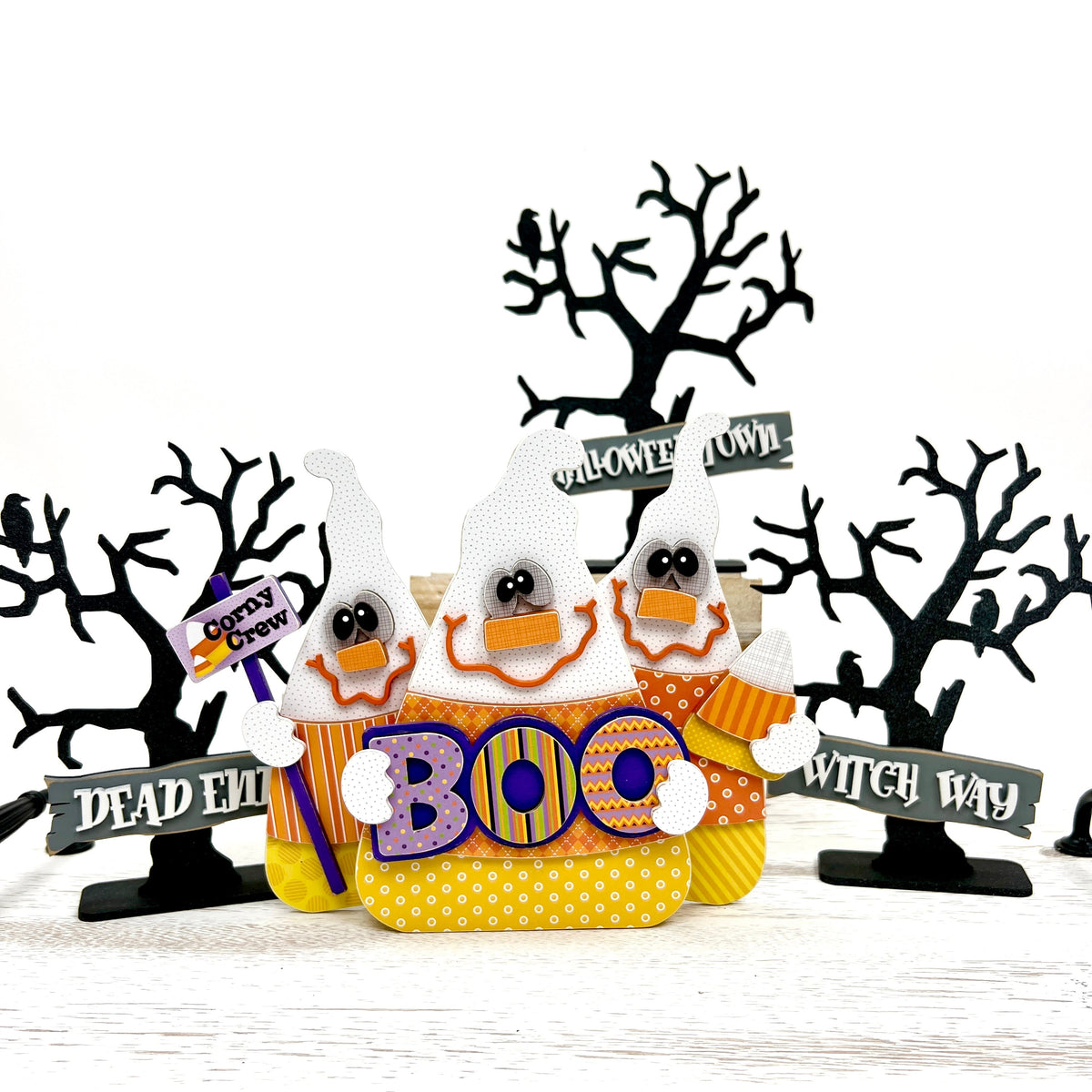 Set of three ghosts that look like candy corn with 3 spooky trees wood decoration crafting kit