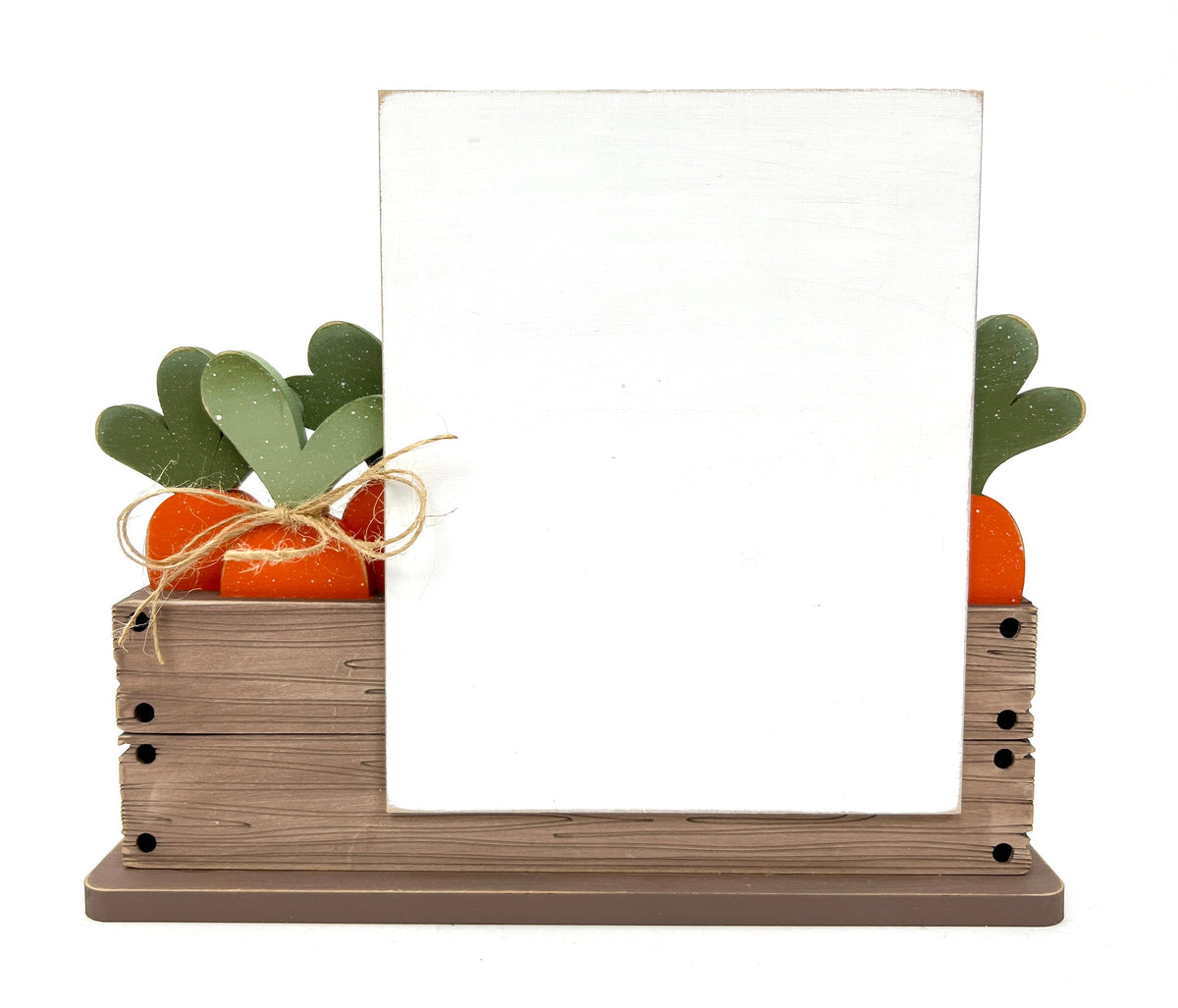 Cross stitch wood display frame with a carrot crate for easter and spring finished cross stitch pieces