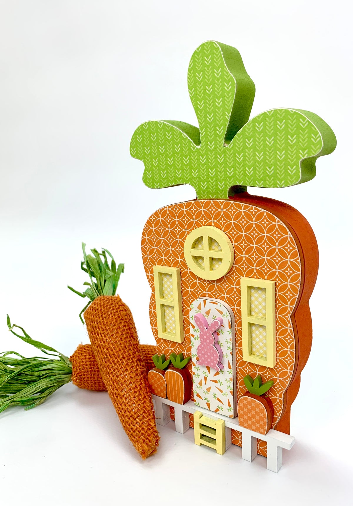 Wood Carrot house Easter decoration with windows and a proch