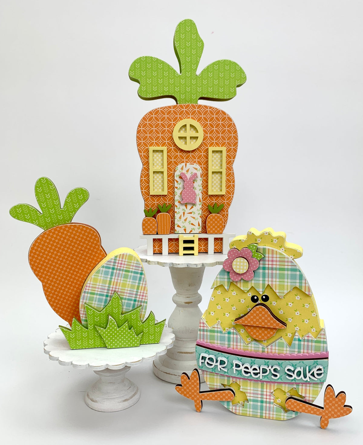 Wood Easter decorations; Carrot house, Easter chick with craked egg, and carrot with an egg