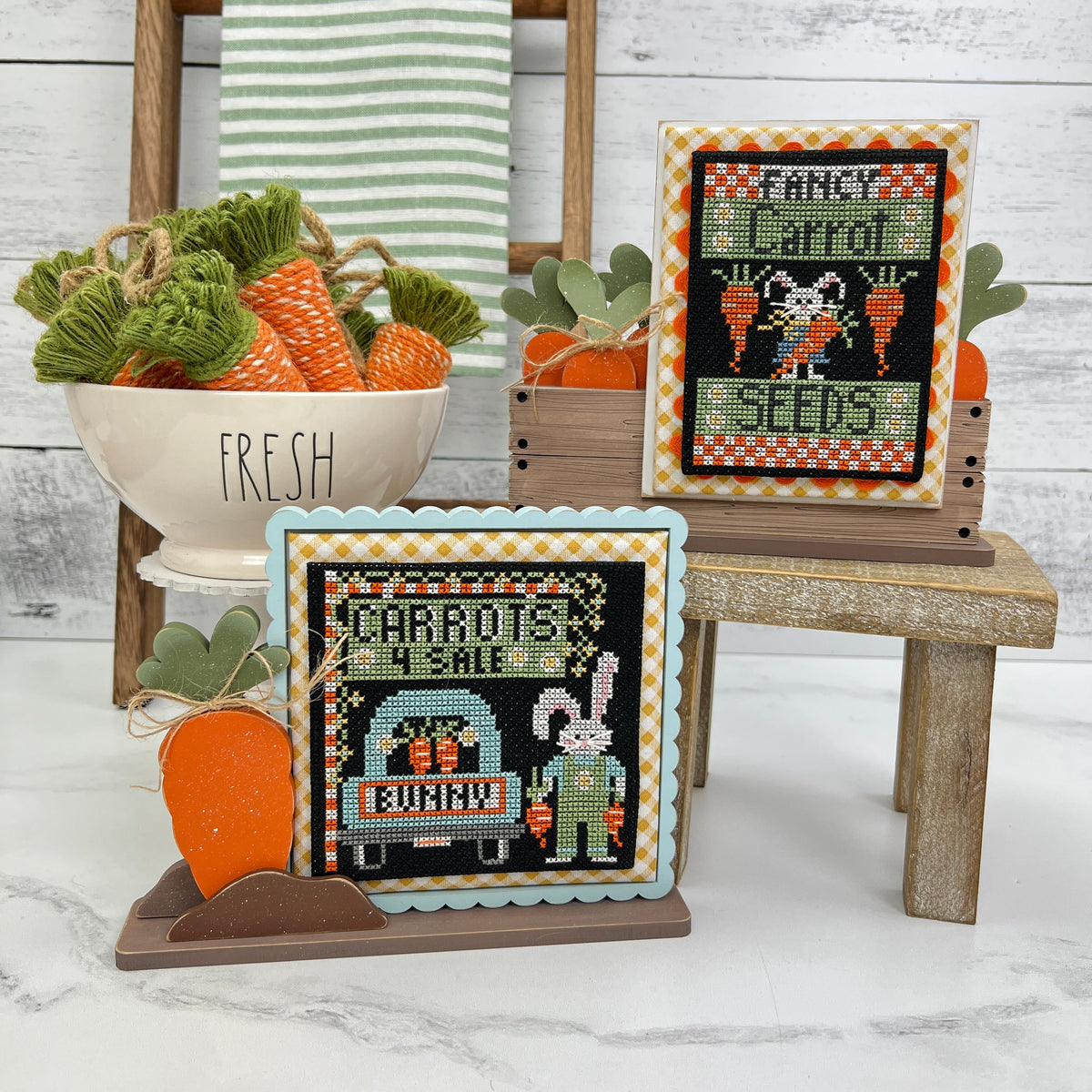Carrot themed wood cross stitch display kits for finished cross stitch pieces