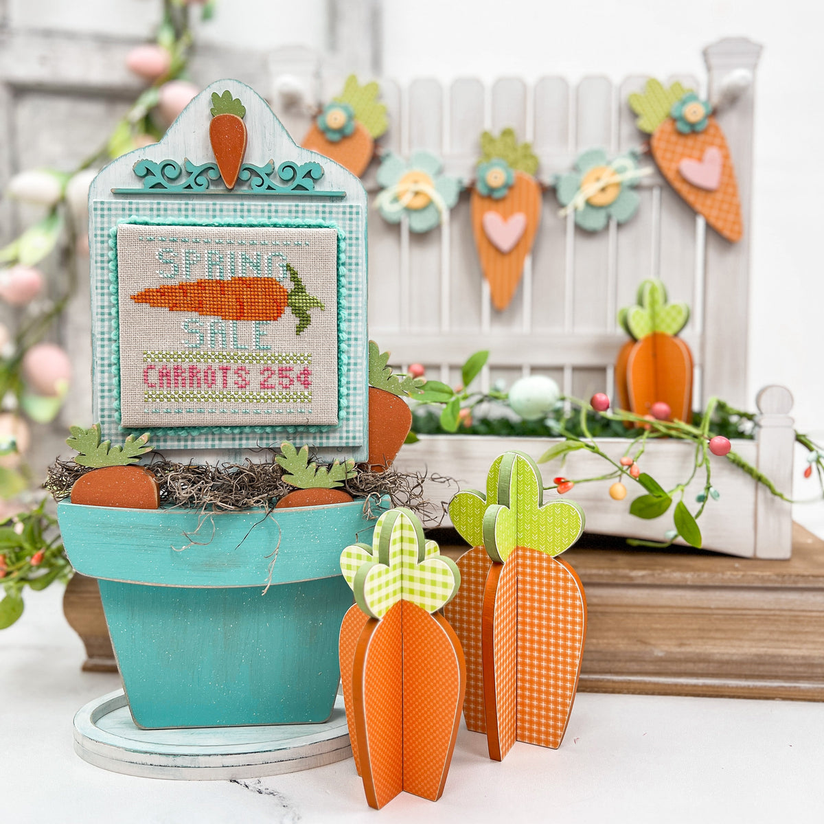 Carrots For Sale Pot Cross Stitch Display-Unfinished Wood Cross stitch display