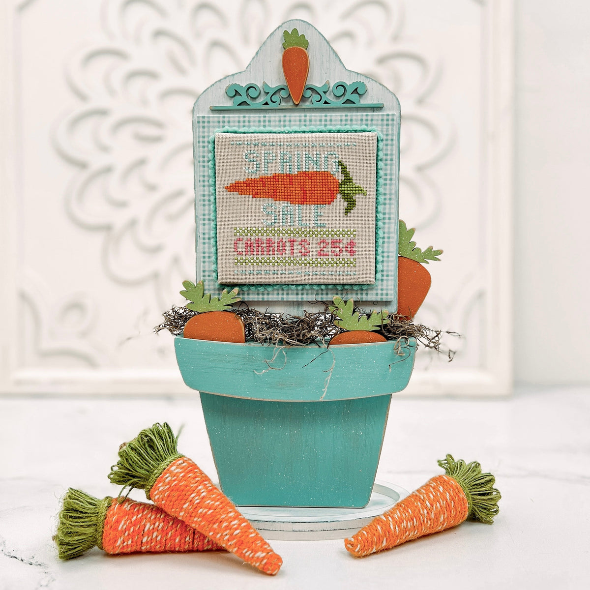 Carrots For Sale Pot Cross Stitch Display-Unfinished Wood Cross stitch display