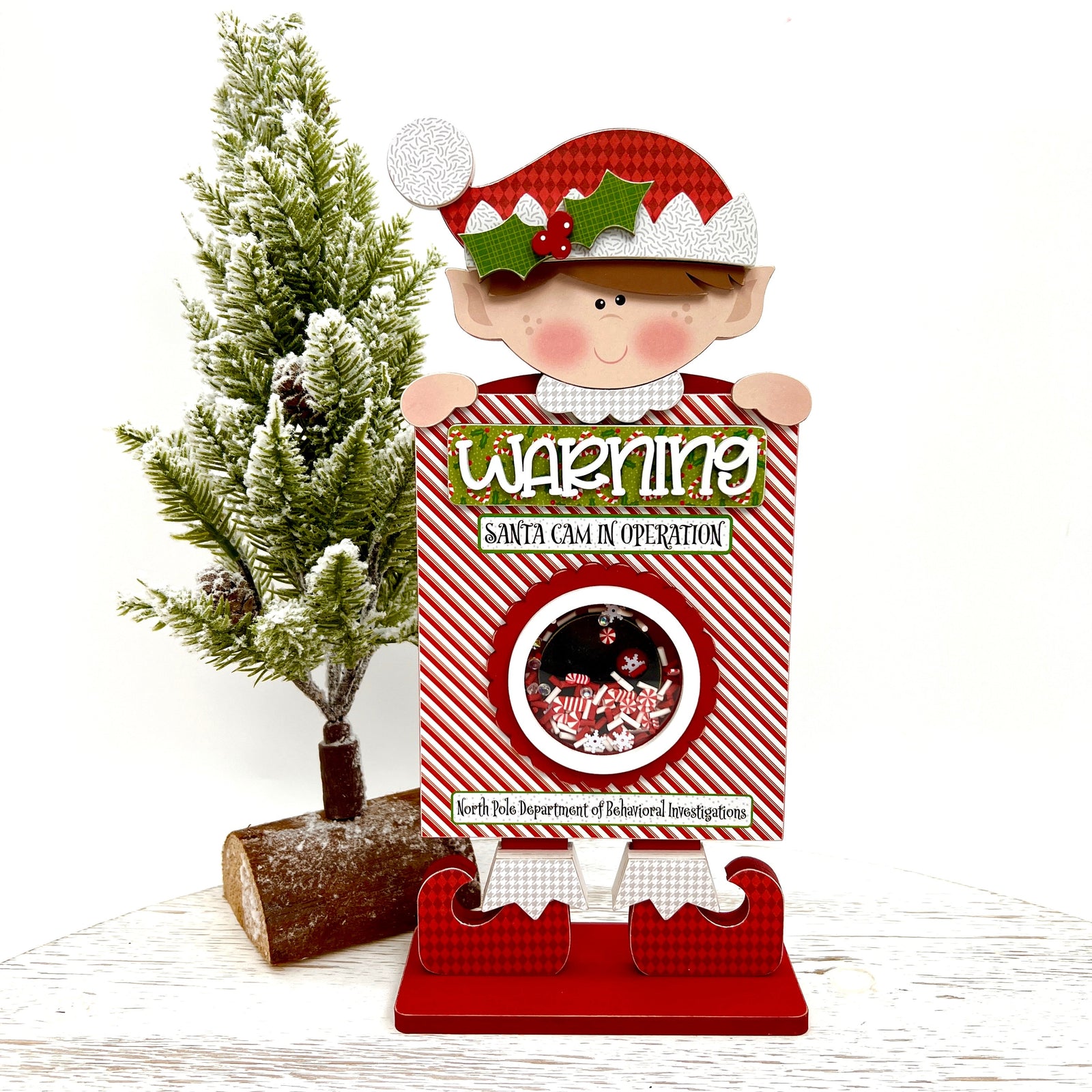 Christmas elf wood decoration with a santa cam shaker for Christmas decorations.  Christmas santa cam wood decor craft kit
